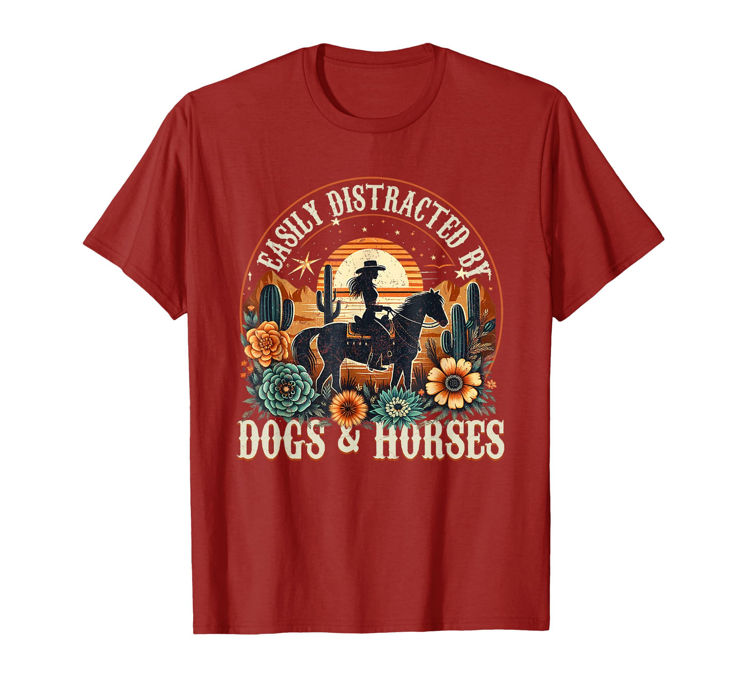 Easily Distracted By Dogs And Horse Funny Horse Retro Sunset T-Shirt