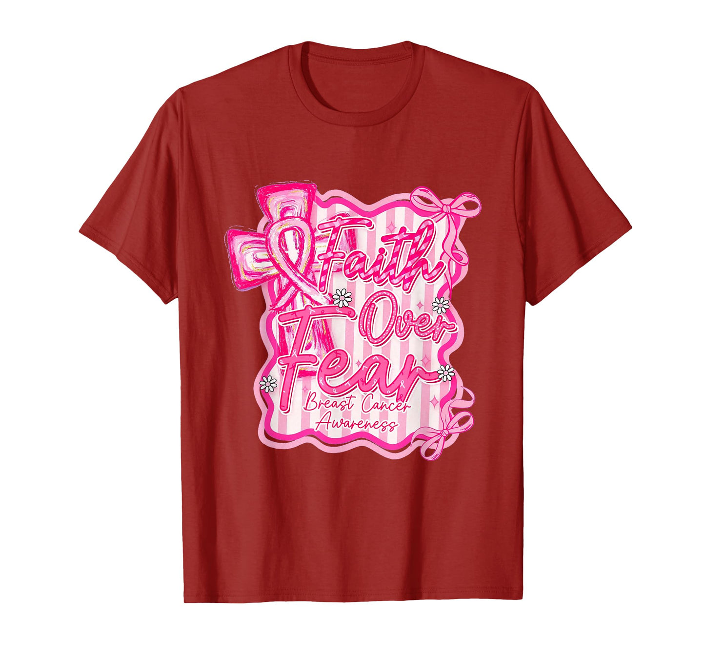 Faith Over Fear Pink Ribbon Christian Cross Breast Cancer T-Shirt