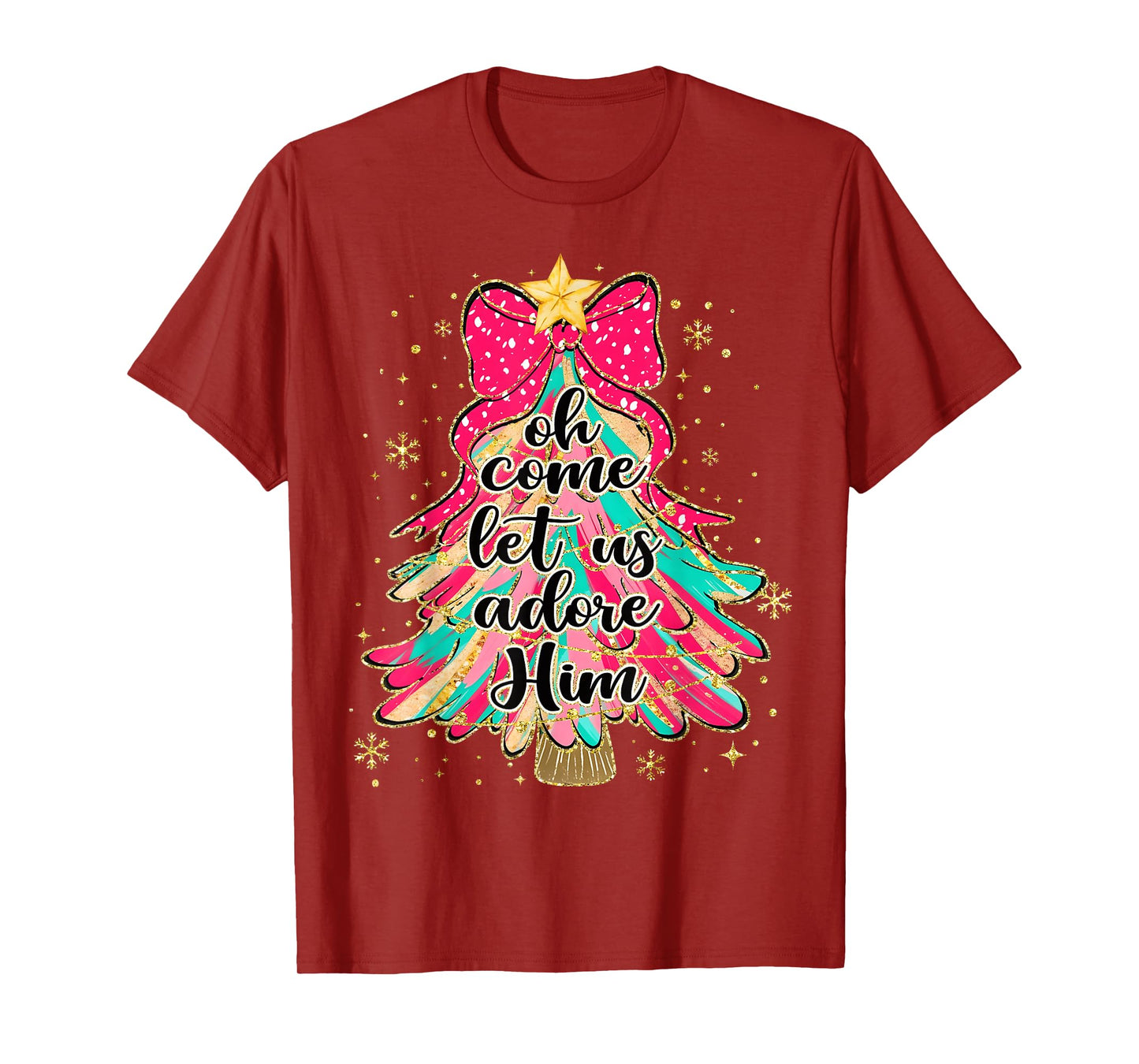Oh Come Let Us Adore Him Christmas Tree Xmas Christian T-Shirt