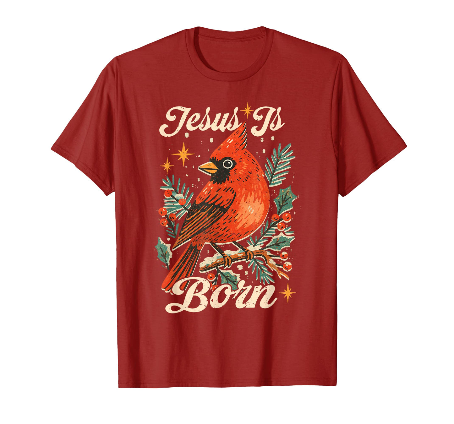 Merry Christmas Cardinal Bird Xmas Vintage Jesus is Born T-Shirt
