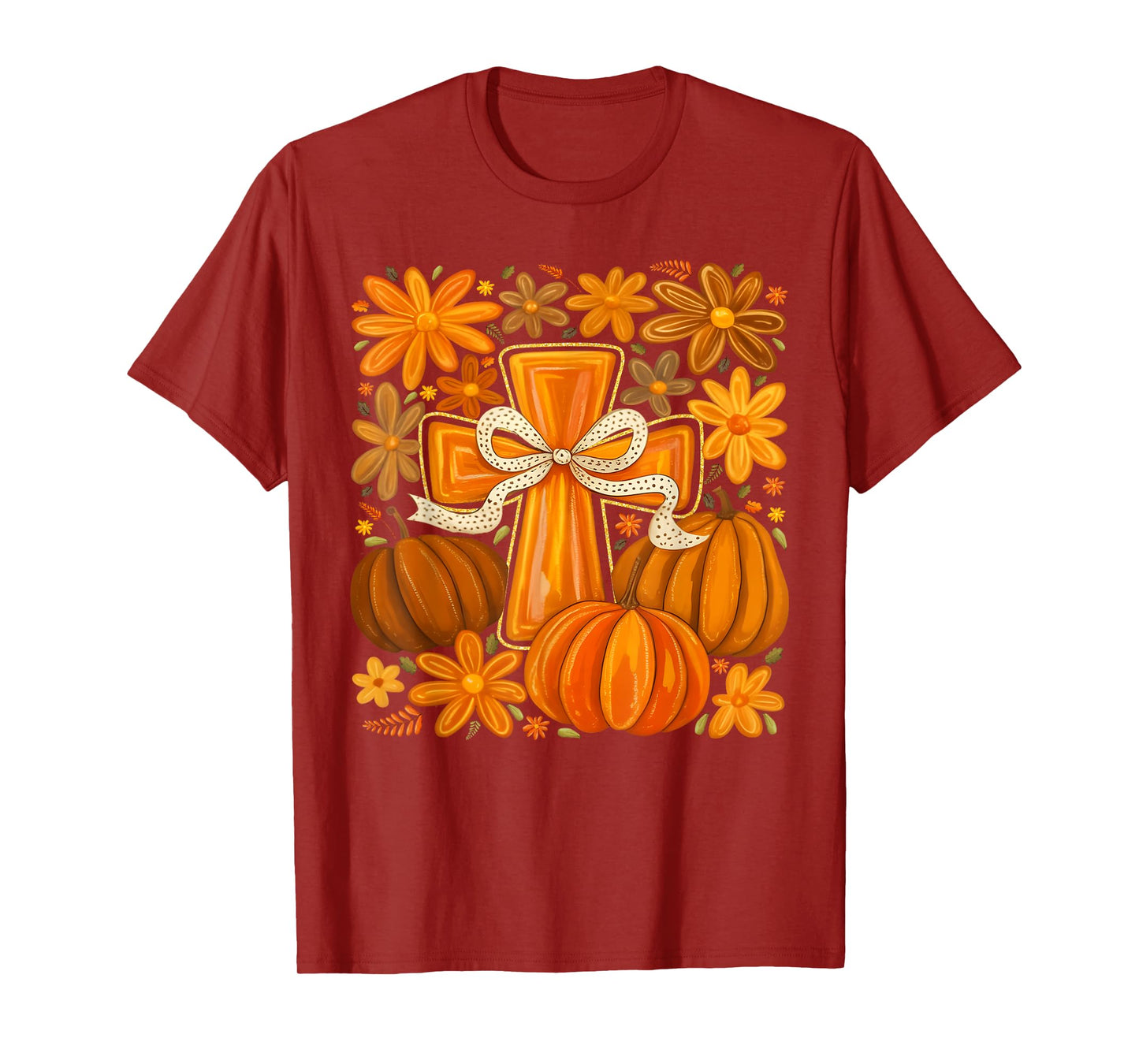 Boho Floral Pumpkin Cross Fall Jesus Christian Faith Autumn T-Shirt