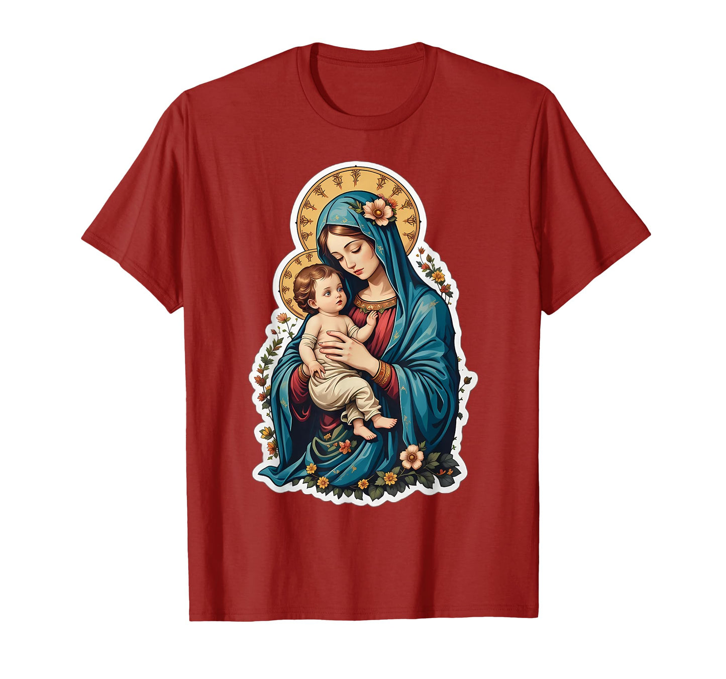 Floral Saint Mary with Baby Jesus Christ Santa Maria Panagia T-Shirt
