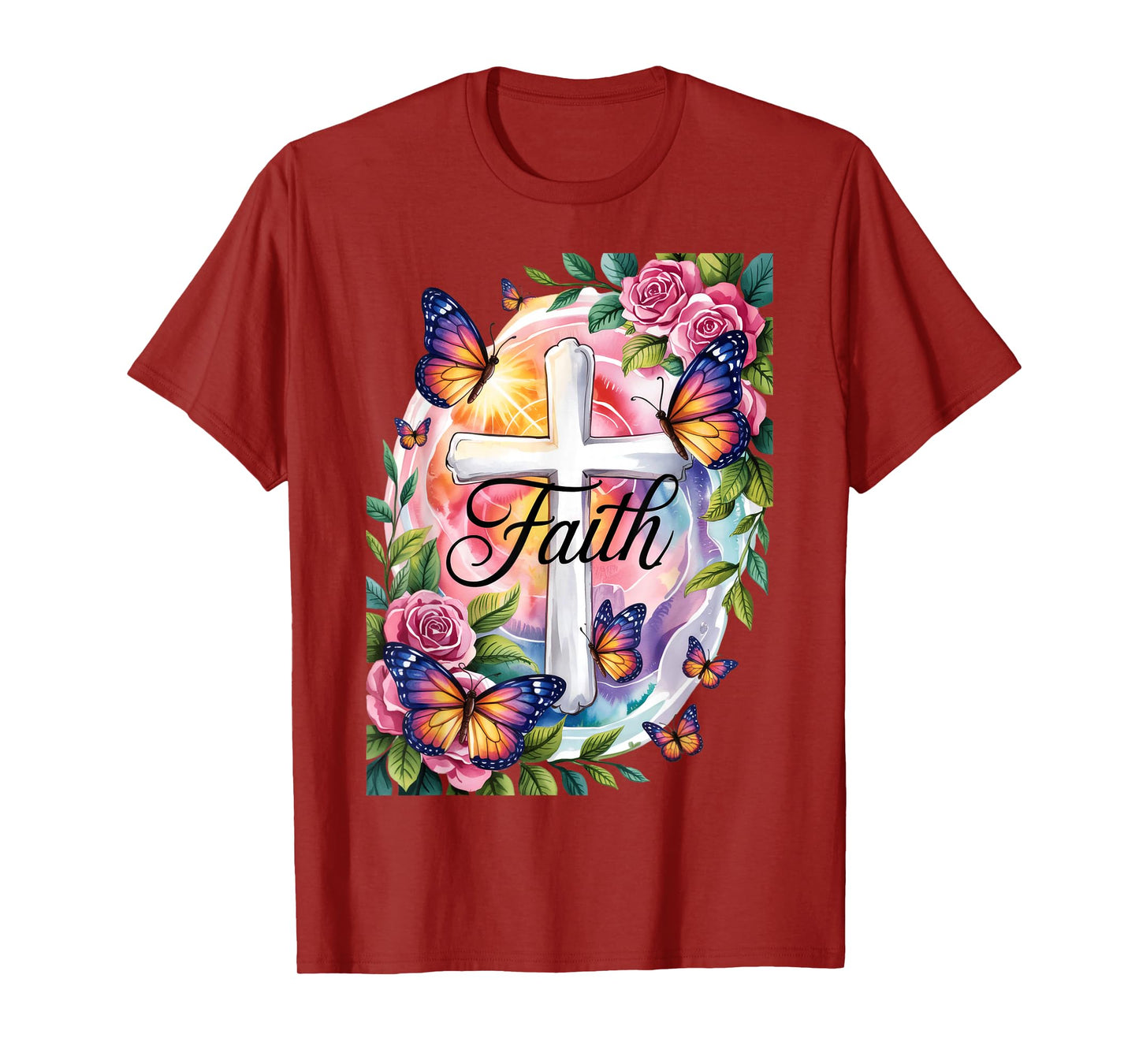 Faith Cross Butterflies Floral Religious Christ Flowers T-Shirt
