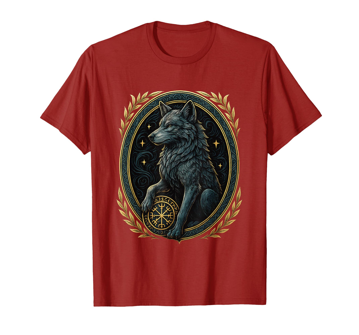Norse Wolf with Helm of Awe Aegishjalmur Runes Viking Symbol T-Shirt