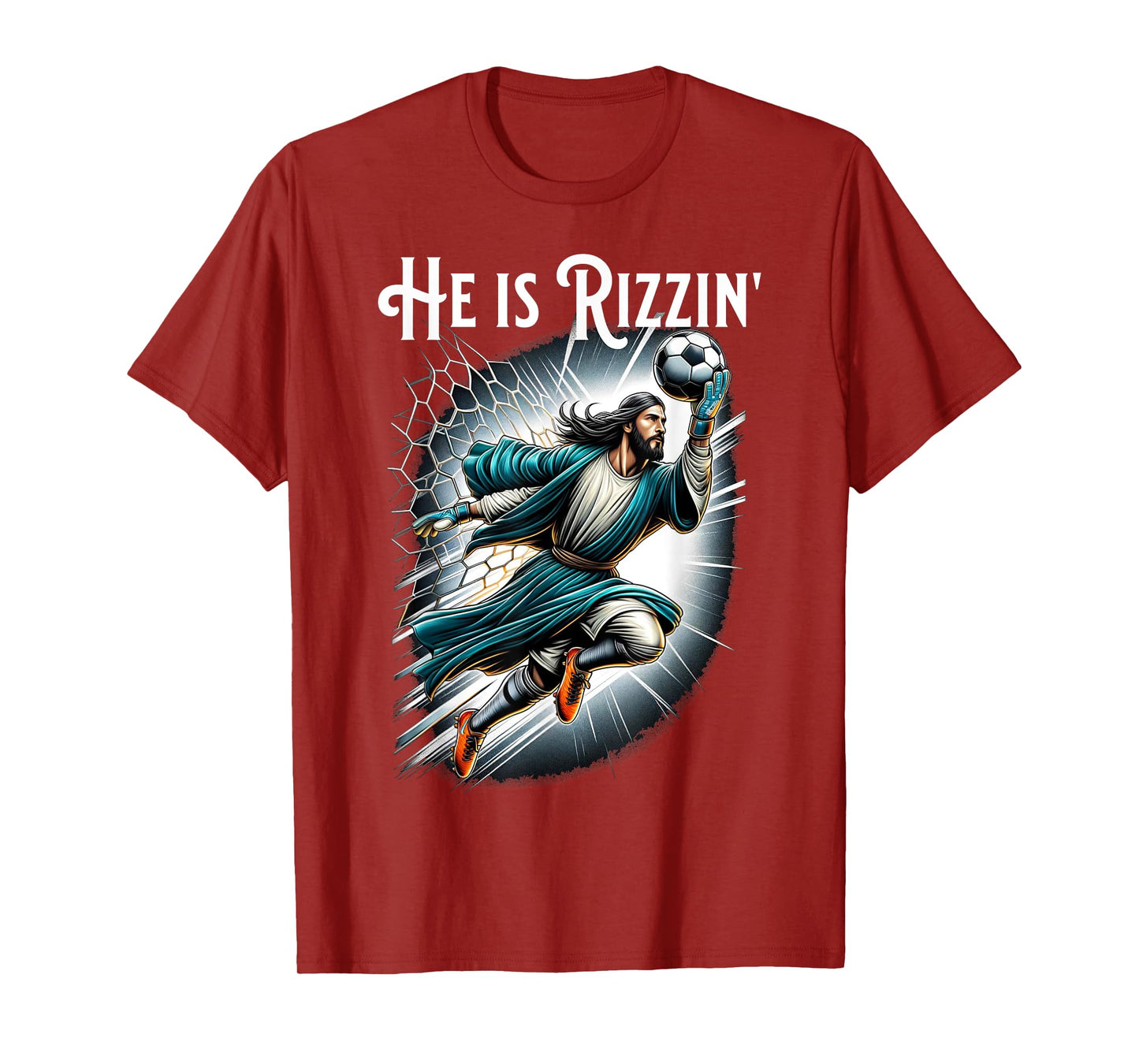 Rizzen Funny Sports Rizz He is Rizzin Jesus Playing Soccer T-Shirt