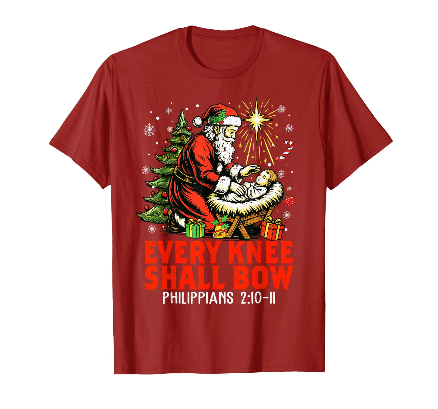 Jesus Christmas Christian Every Knee Shall Bow Santa Clause T-Shirt