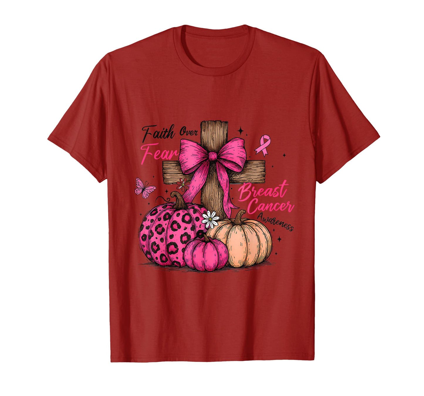 Preppy Faith Over Fear Coquette Christian Cross Pumpkin Tee T-Shirt