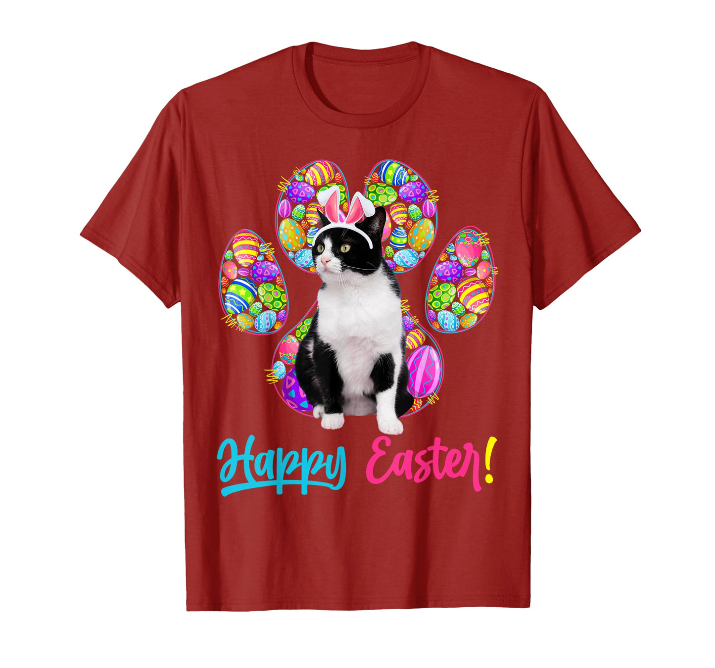 Cute Tuxedo Cat & Bunny Ears Easter Eggs Cat Paw Easter Day T-Shirt