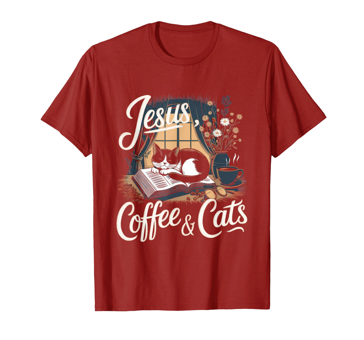 Jesus Coffee Cats Funny Cute Design Jesus Lovers Christian T-Shirt