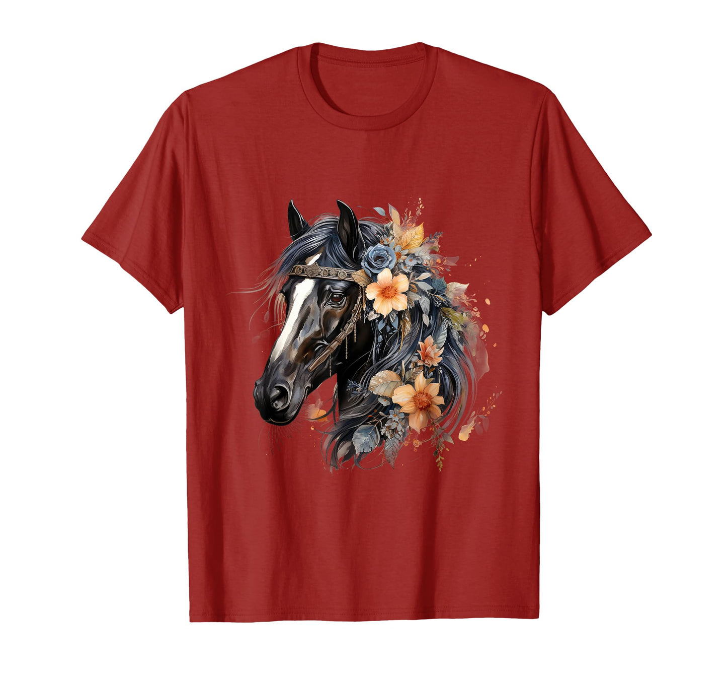 Floral Wild Horse Country Horse Riding T-Shirt, Small, Black