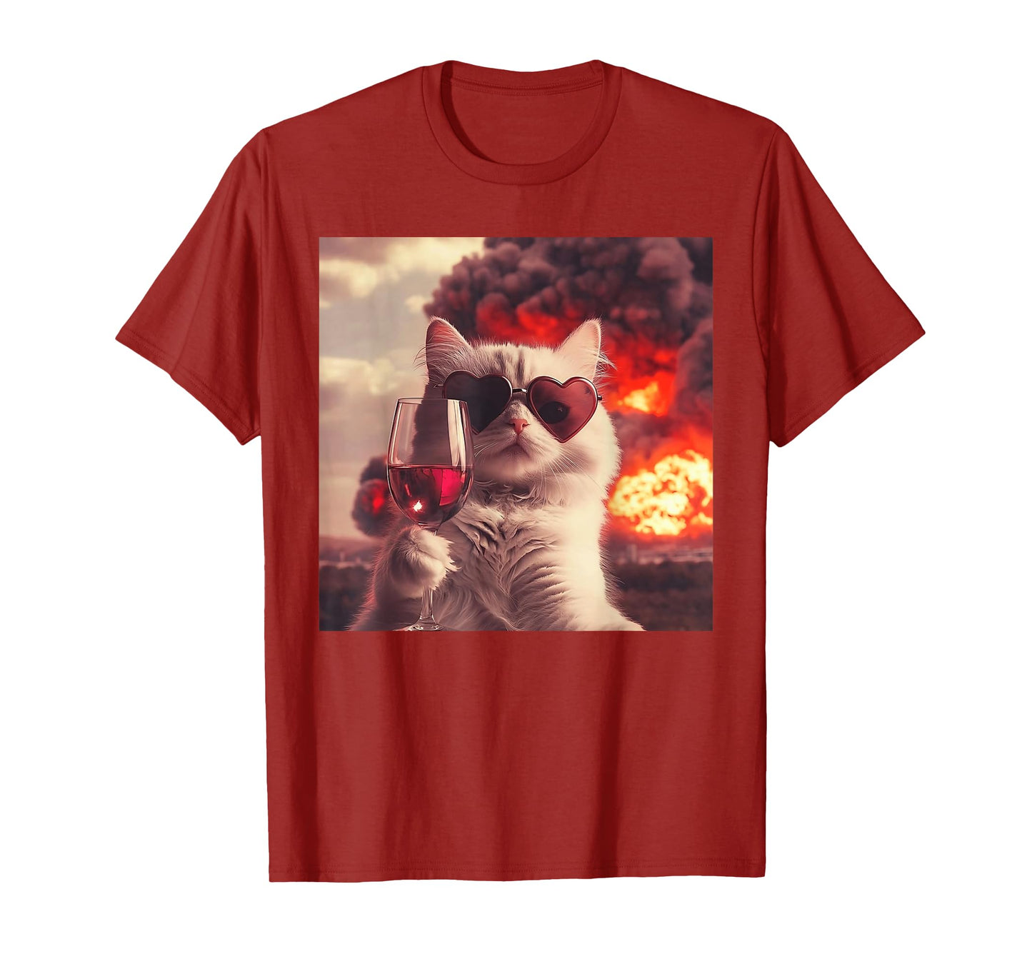 Wacky Cat Holding Wine Selfi with Fire Funny Sunglasses T-Shirt