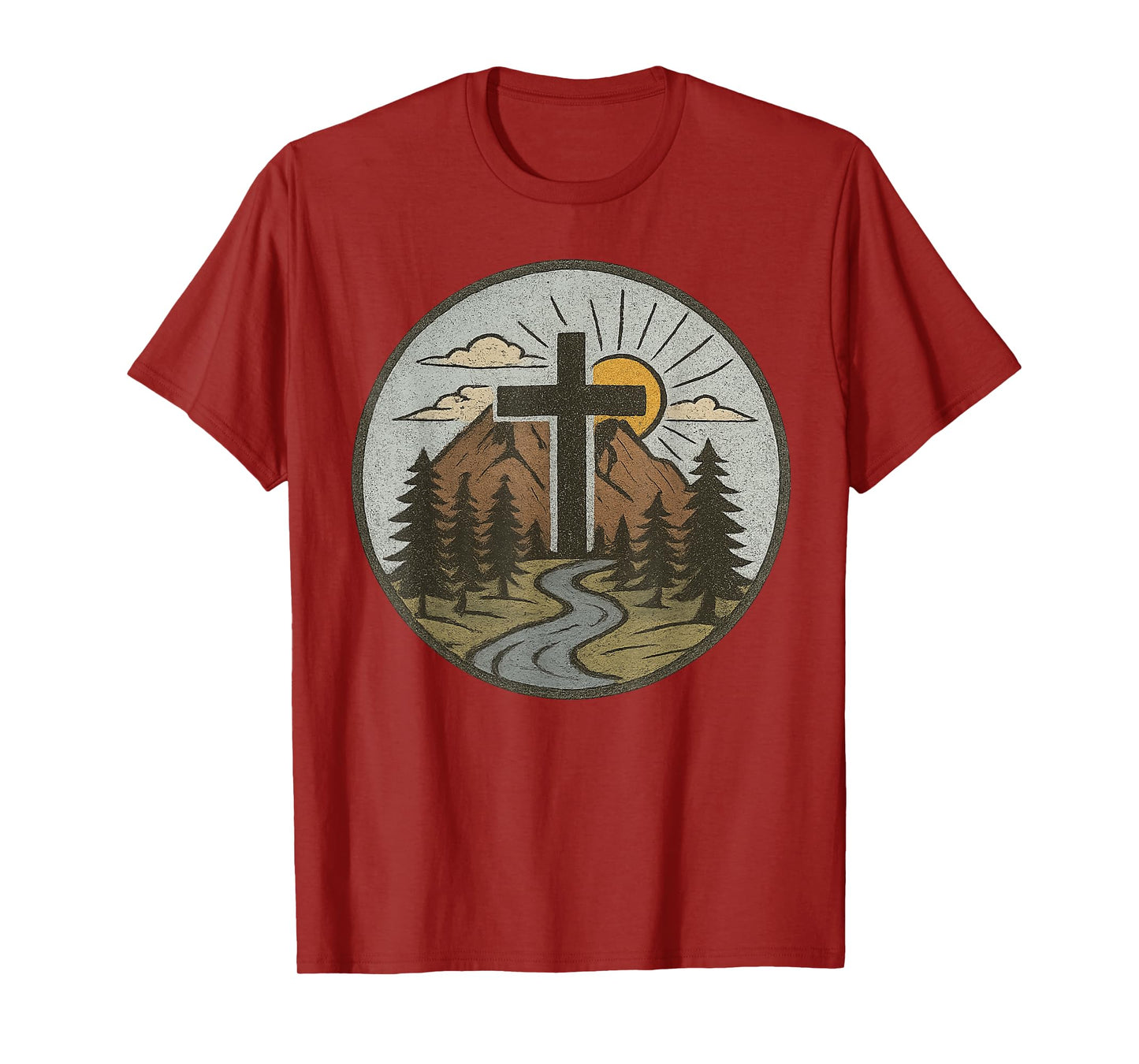 Christian Cross Mountains River Sunrise Faith-Inspired T-Shirt