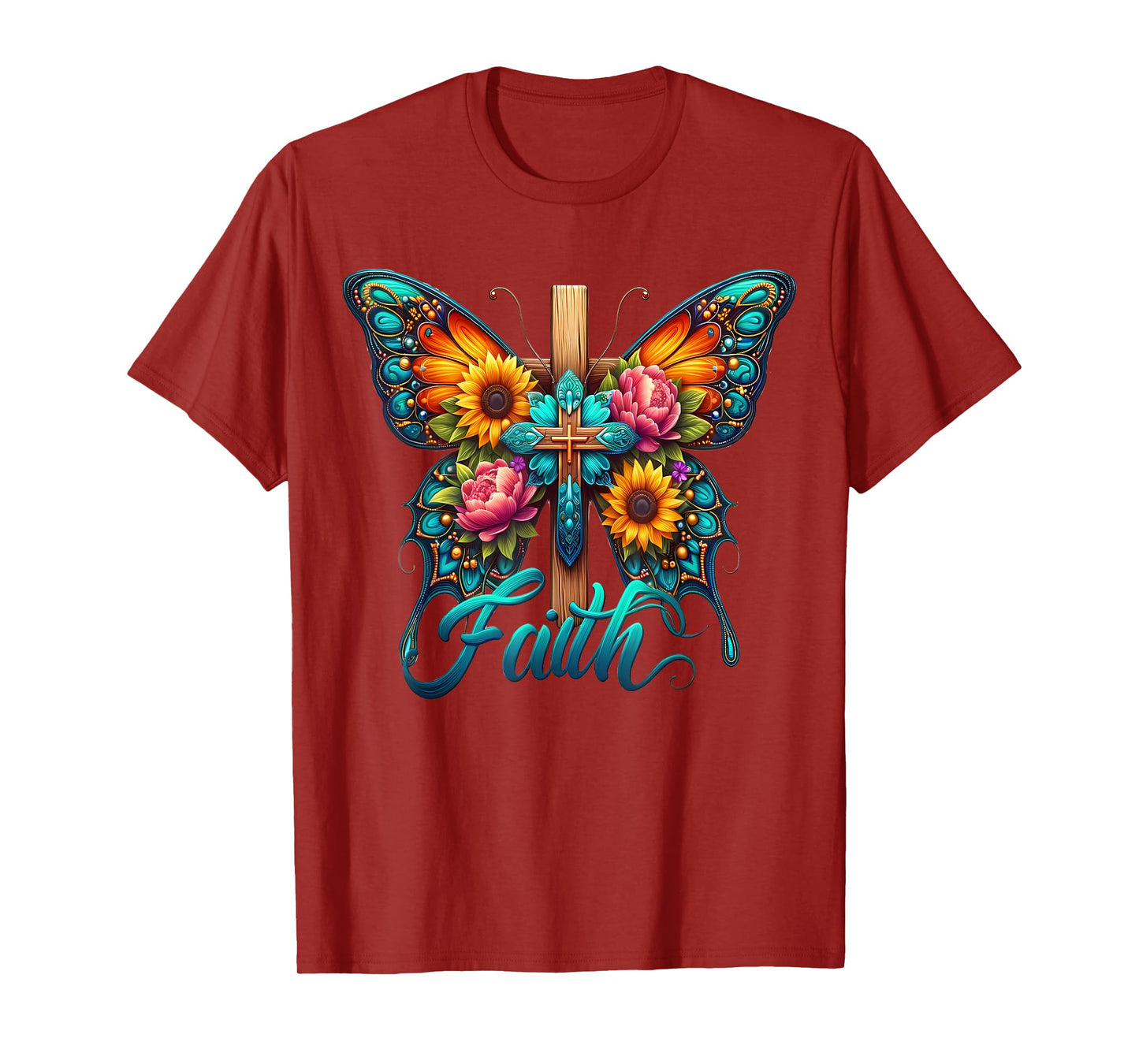 Faith Cross Sunflower Butterflies Flowers Christians Vintage T-Shirt