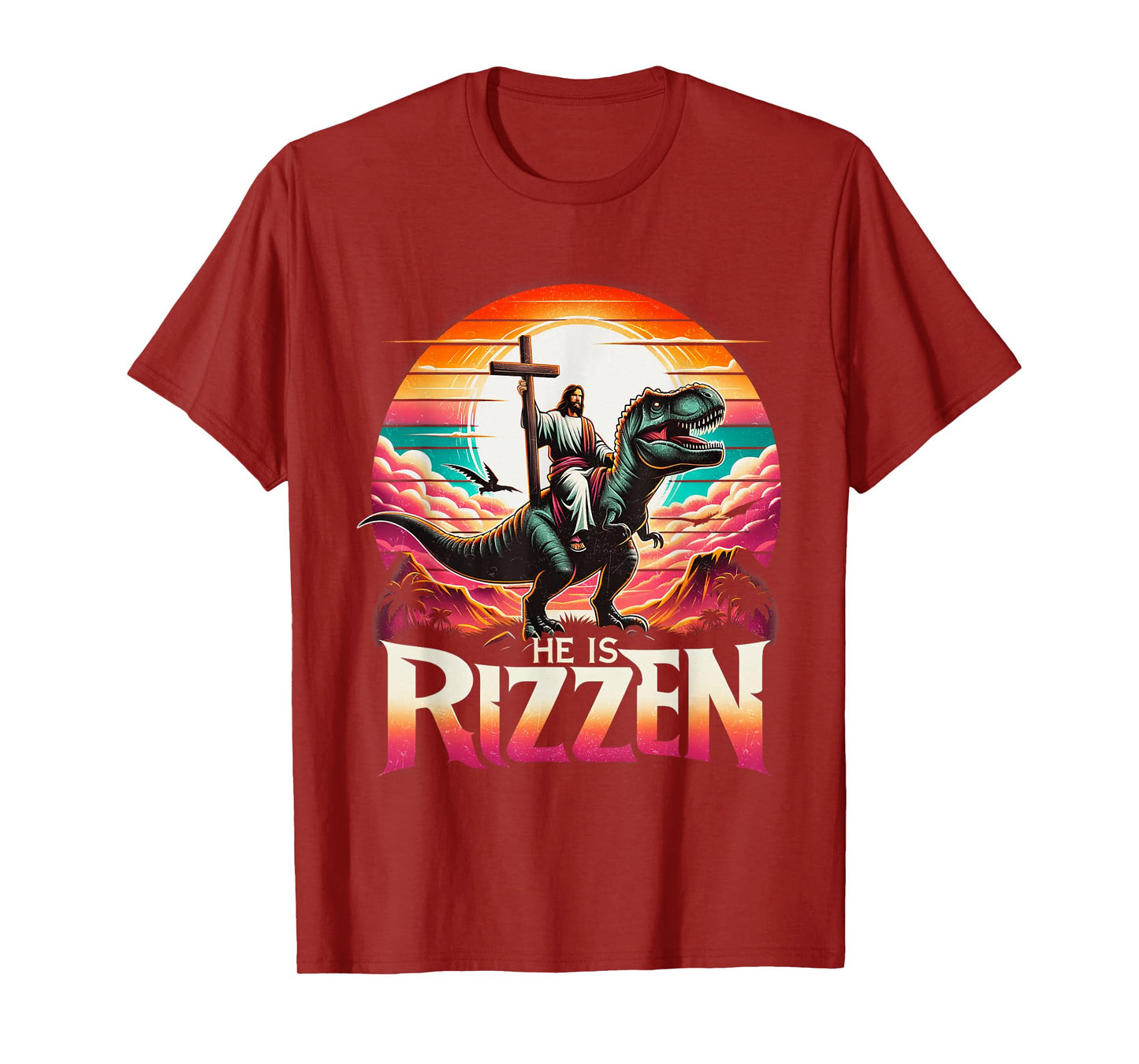 He Is Rizzen Jesus Has Rizzen Retro Christian Dinosaur T-Shirt