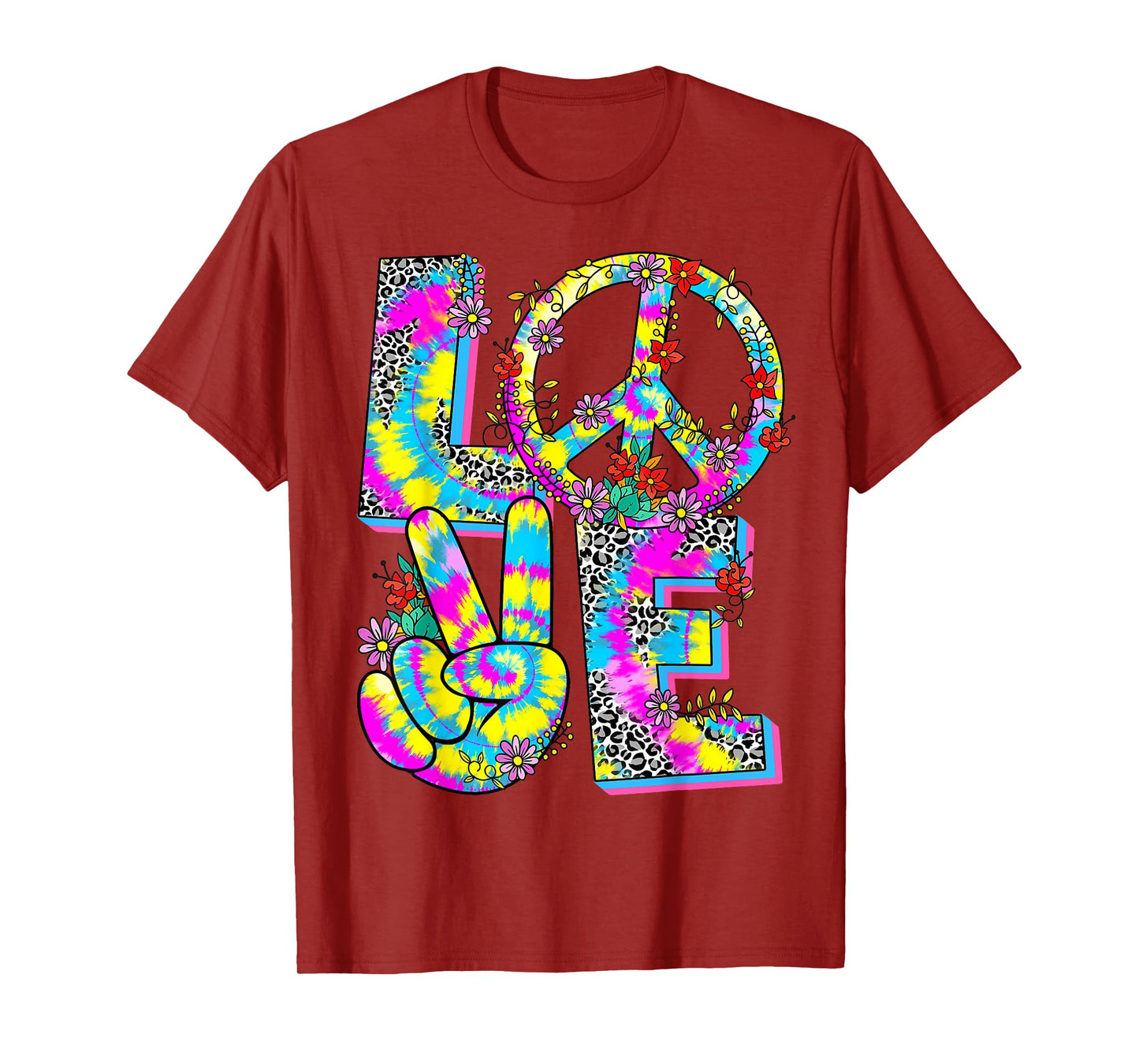Floral Love Peace Hand Sign Leopard Tie Dye 60s 70s Hippie T-Shirt