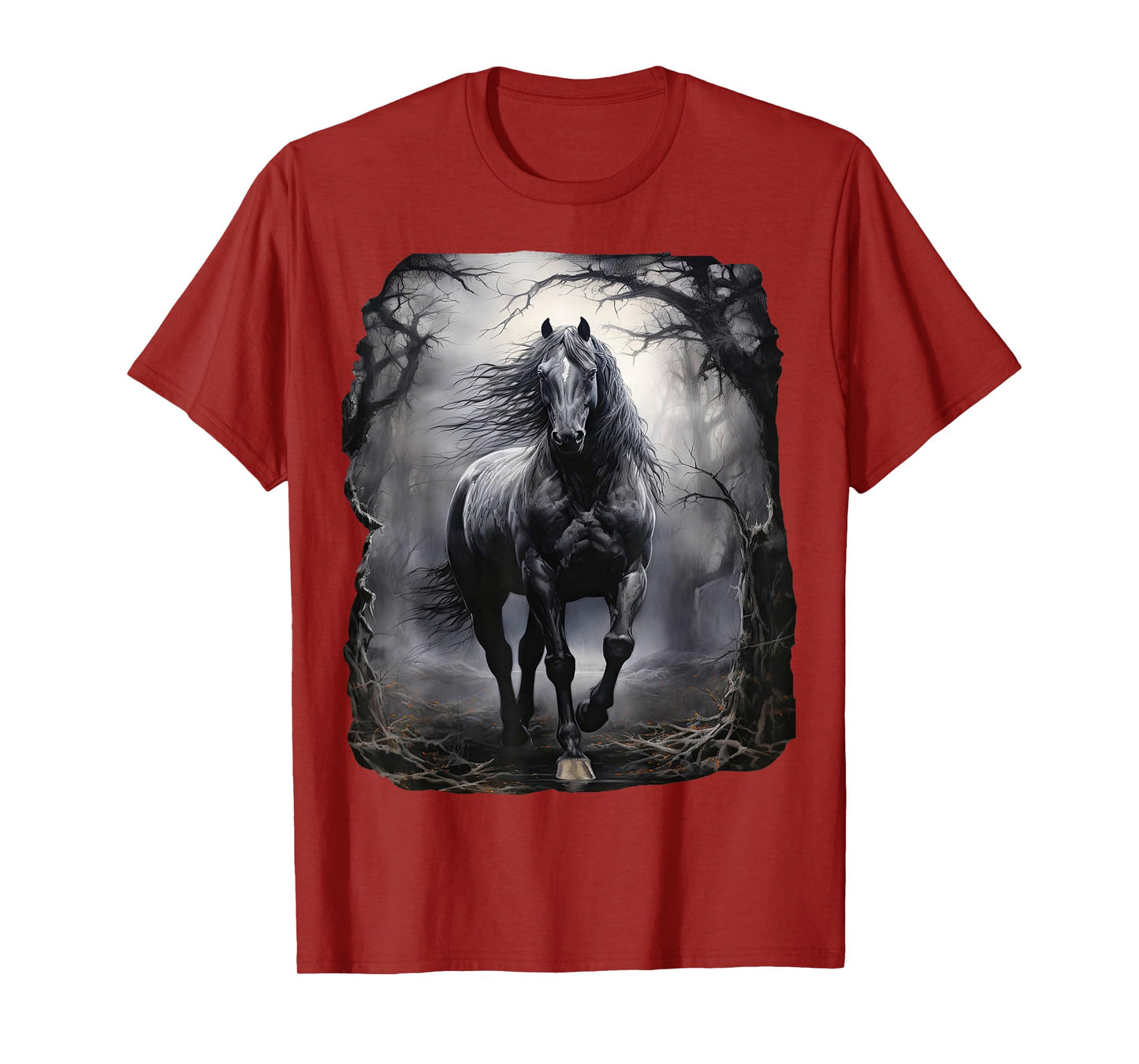 Beautiful black Horse running through the forest by night T-Shirt