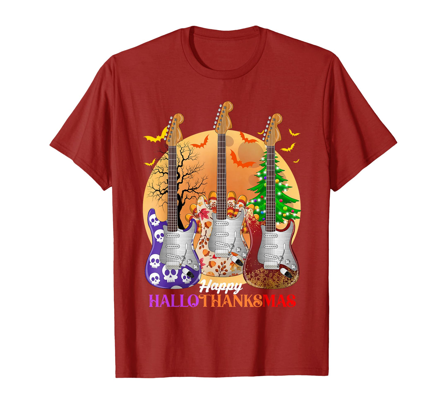 Happy HalloThanksMas Guitar Halloween Thanksgiving Christmas T-Shirt
