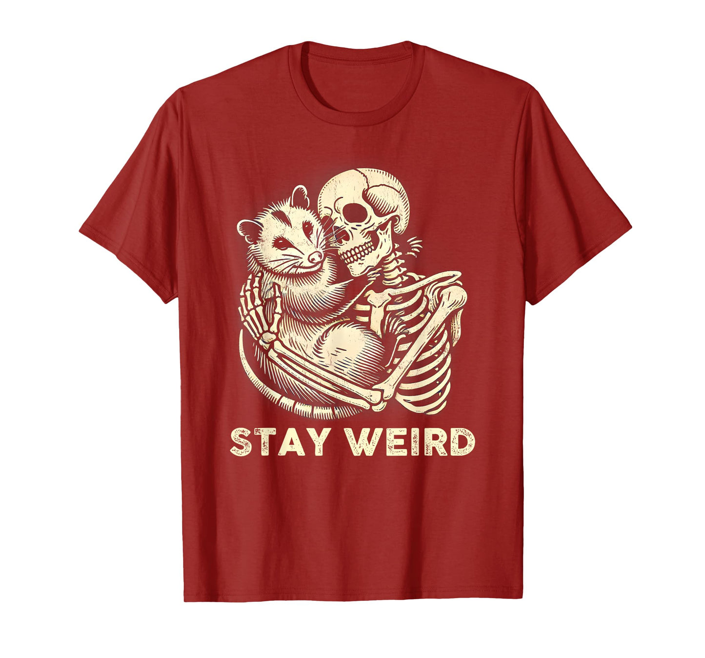 Skeleton Hugging Opossum Stay Weird Vintage Humor Possum T-Shirt