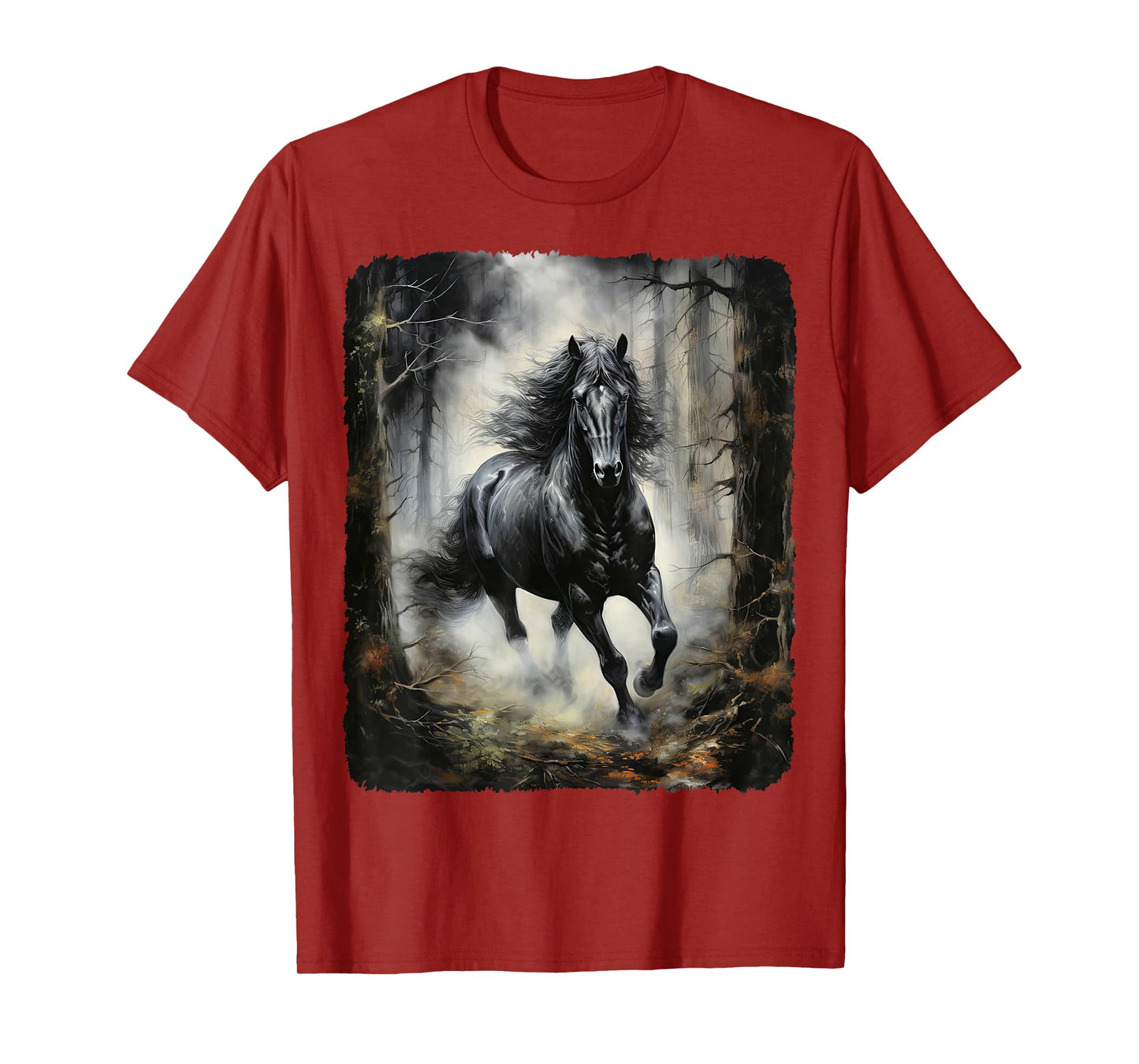 Beautiful black Horse running through the forest by night T-Shirt