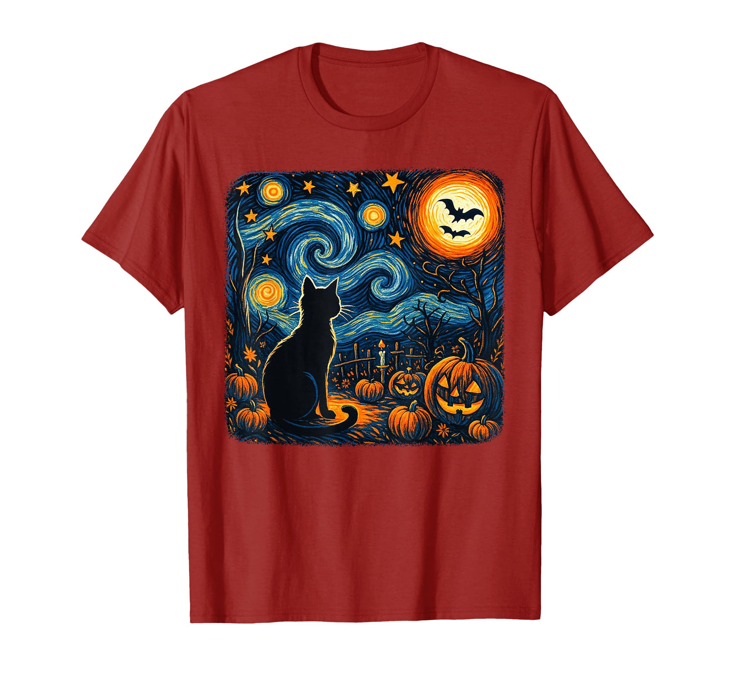 Halloween Black Cat Van Gogh Starry Night Cat Lovers Cat T-Shirt