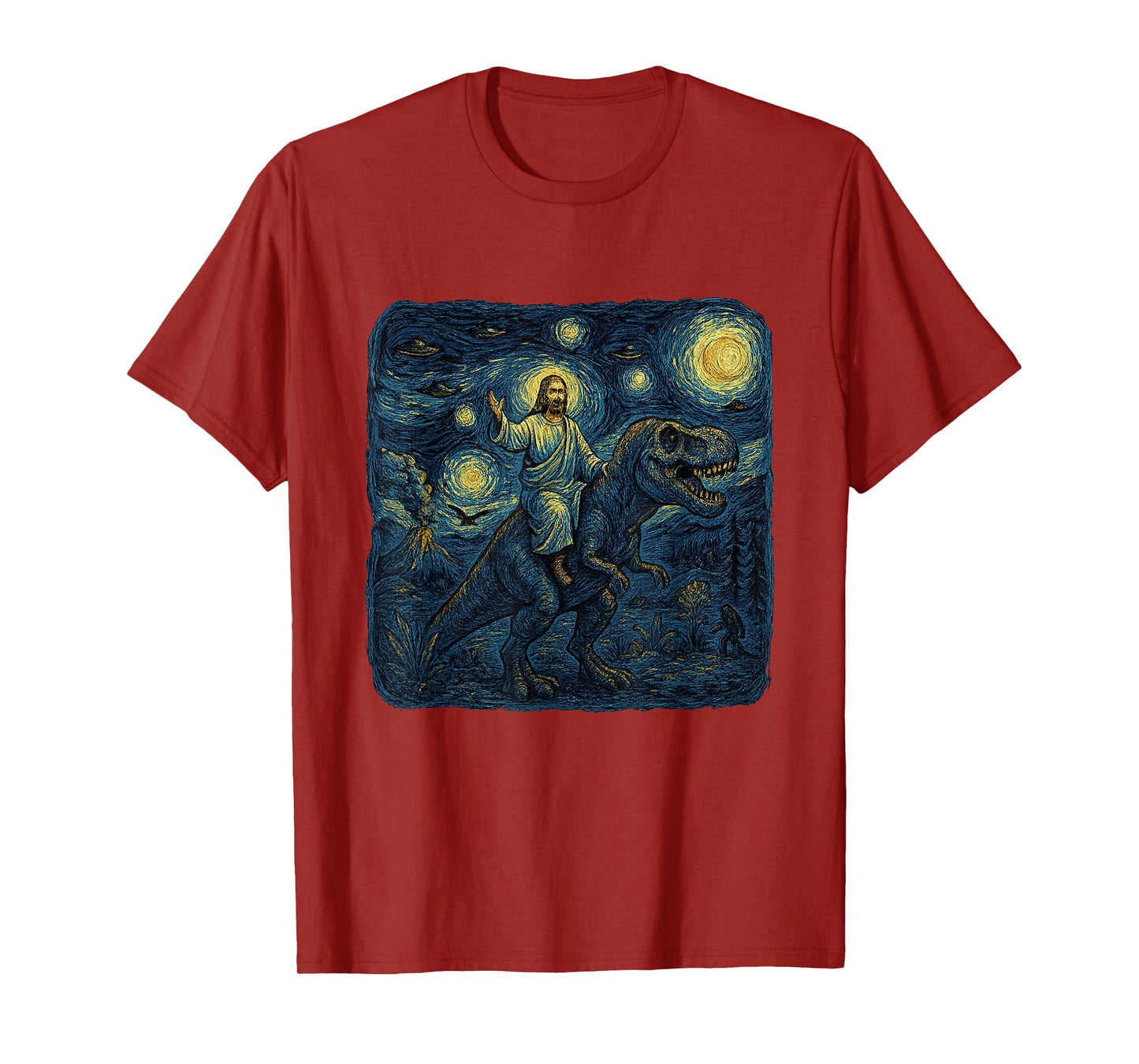 Jesus Riding Dinosaur Starry Night Funny Men Women UFOs T-Shirt