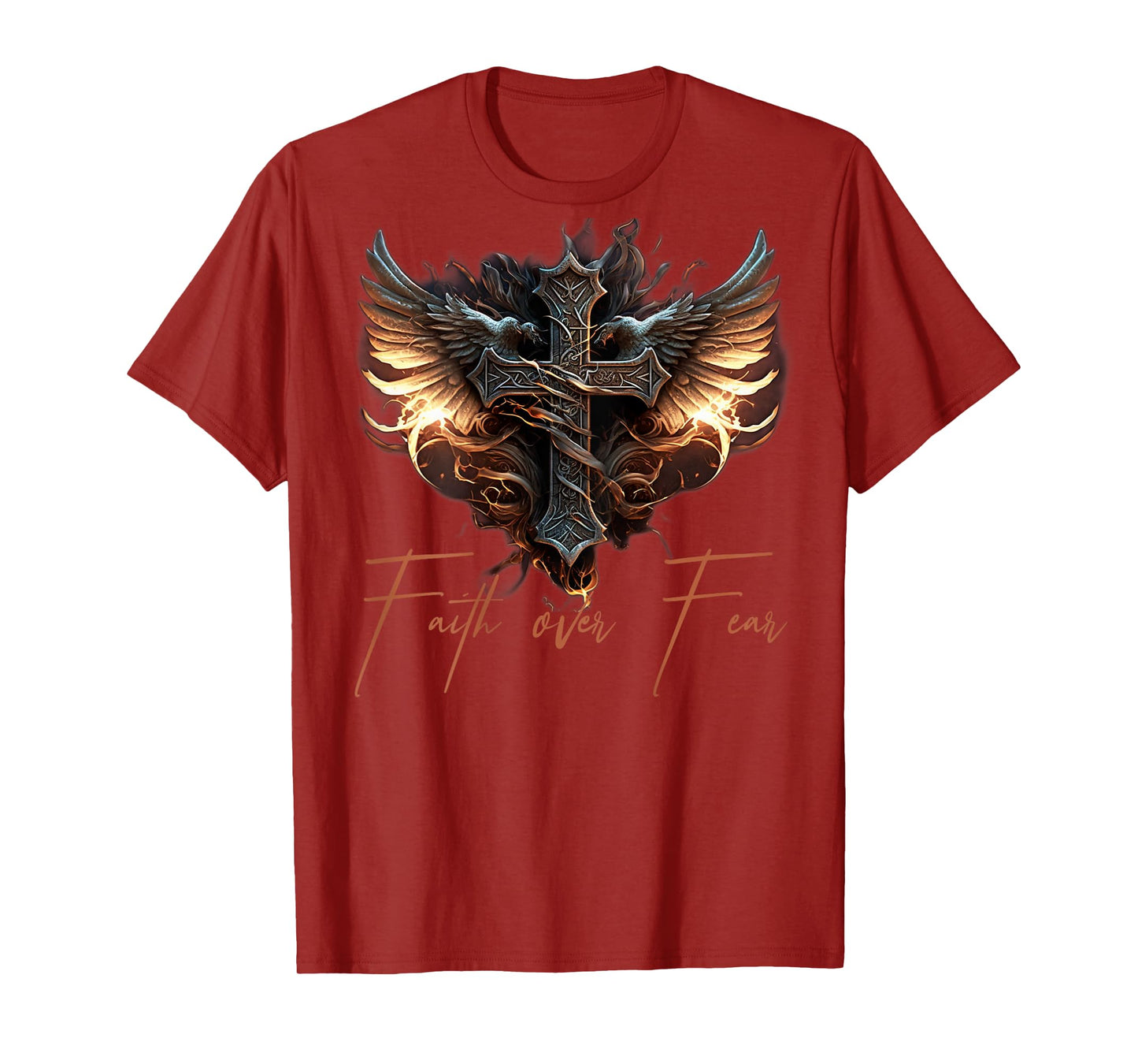 Biker Angel Wings Christian Cross Faith Over Fear - On Back T-Shirt