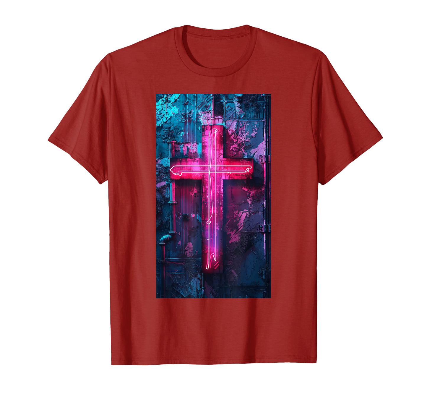 Neon Gothic Cross Neon cross Religious Cyberpunk T-Shirt