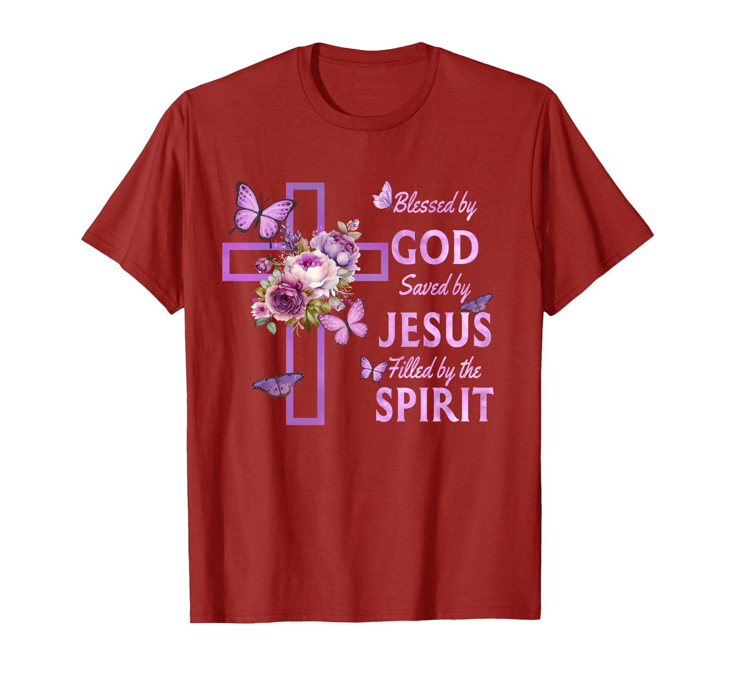 Blessed by God Saved by Jesus Purple Floral Cross Christian Long Sleeve T-Shirt