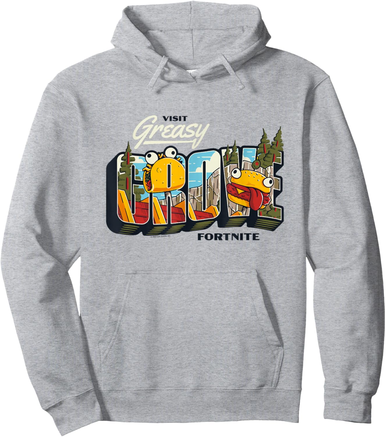 Fortnite Visit Greasy Grove Burr Burger Big Chest Poster Hoodie - Hoodie | Ash