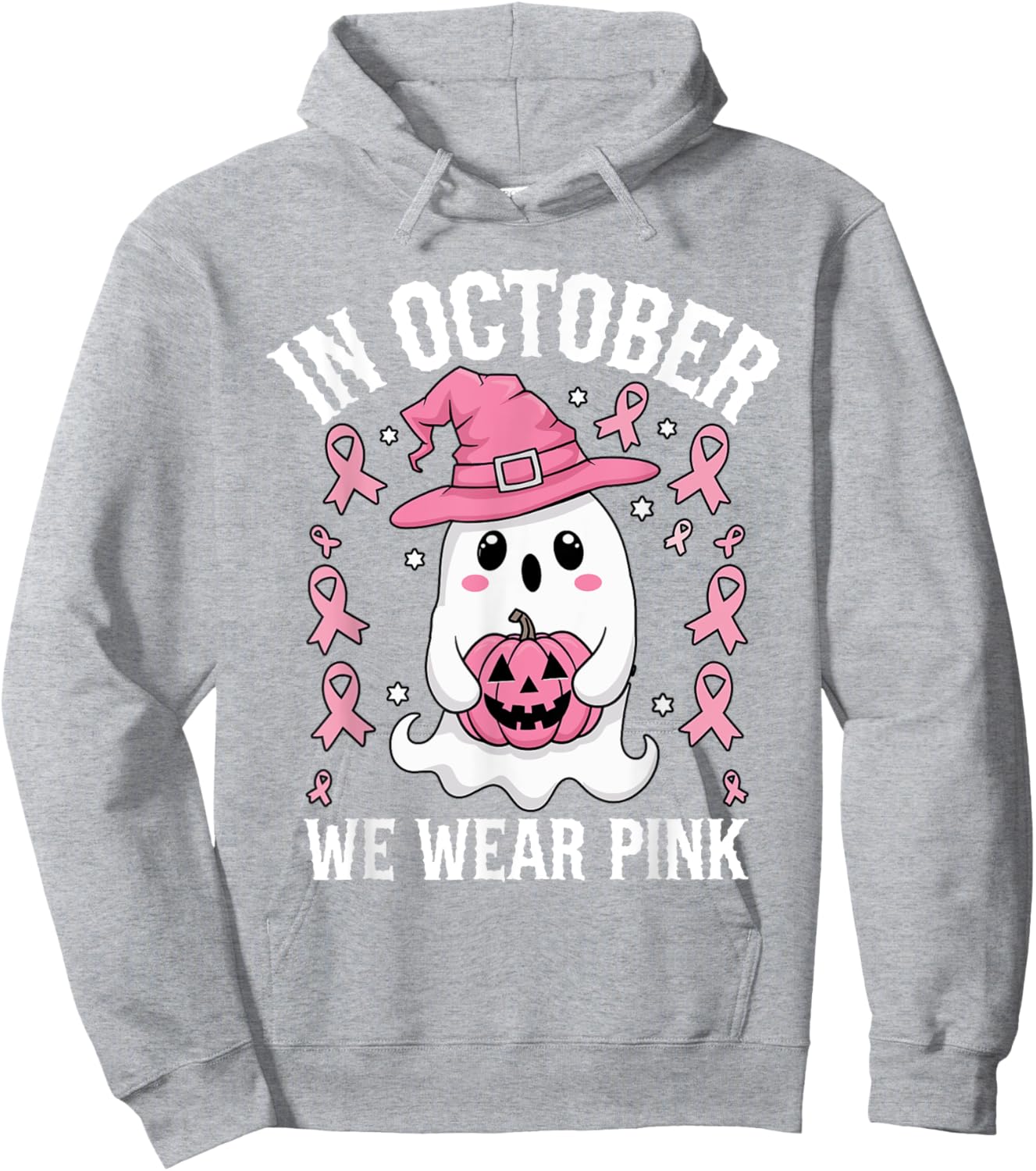 Pink October We Wear Breast Cancer Awareness Ghost Halloween Hoodie - Hoodie | Ash