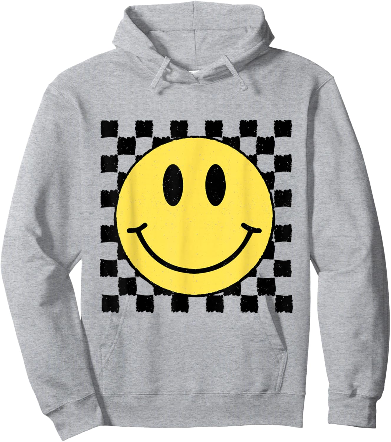 Trendy Checkered Pattern Happy Face Hoodie - Hoodie | Ash
