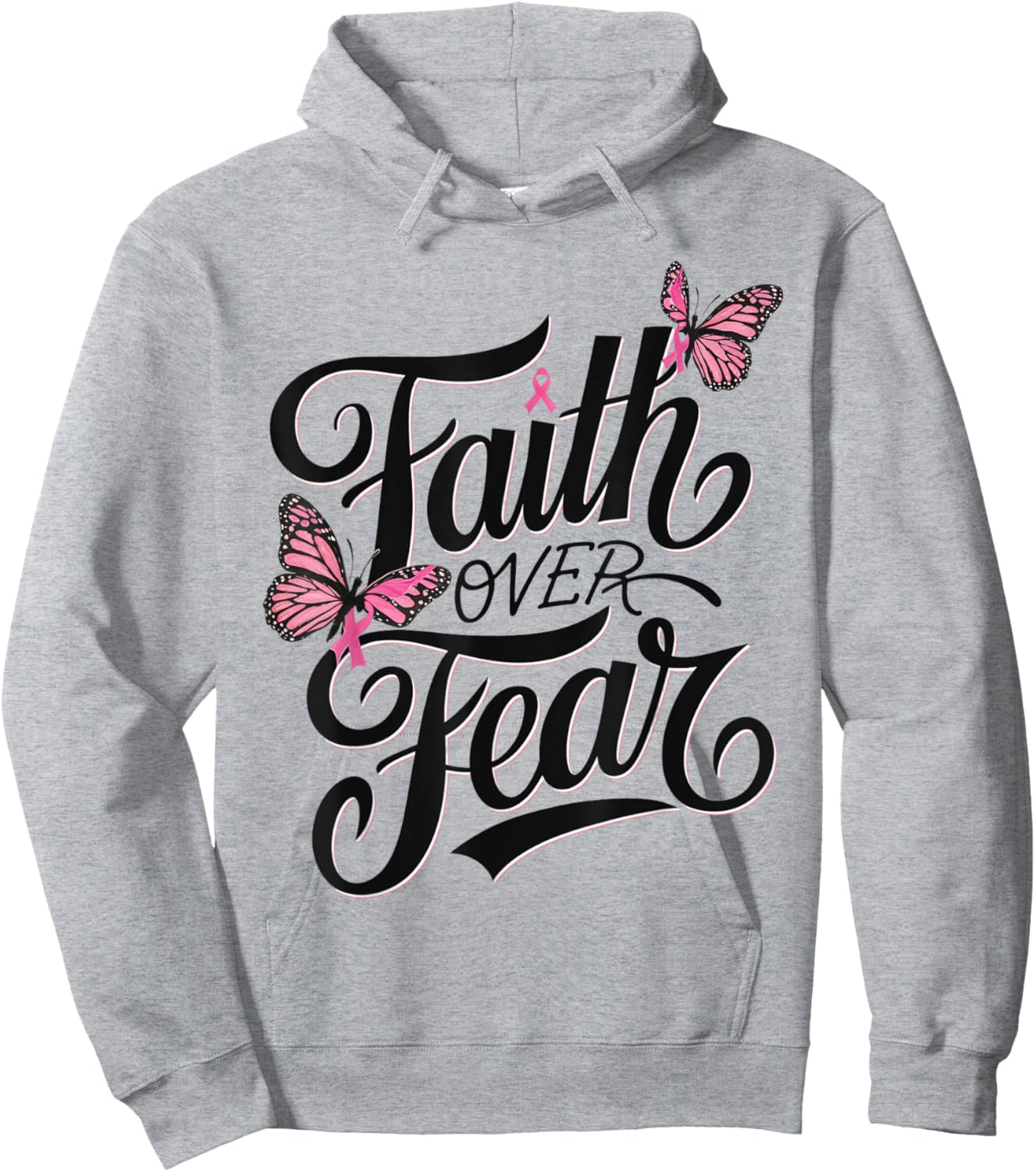 Faith Over Fear Pink Ribbon Breast Cancer Awareness Hoodie - Hoodie | Ash