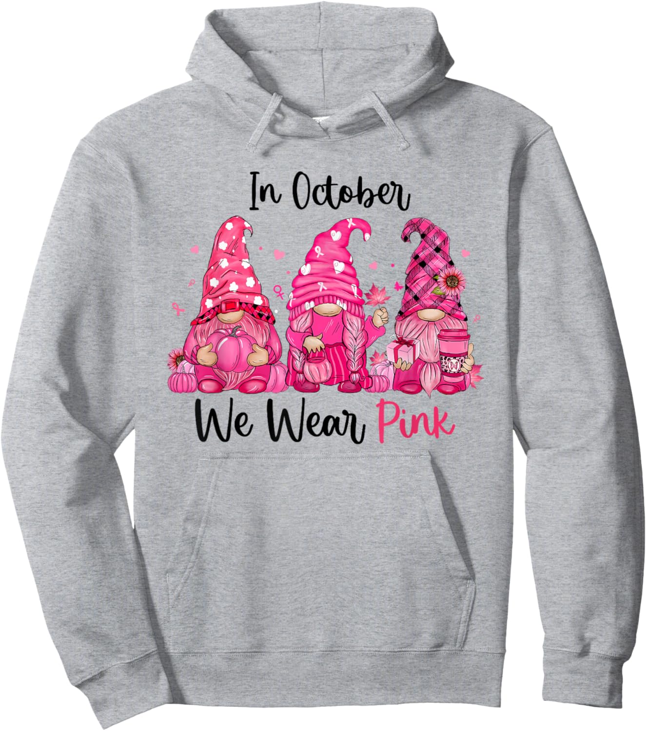 In October We Wear Pink Cute Gnomes Breast Cancer Awareness Hoodie - Hoodie | Ash