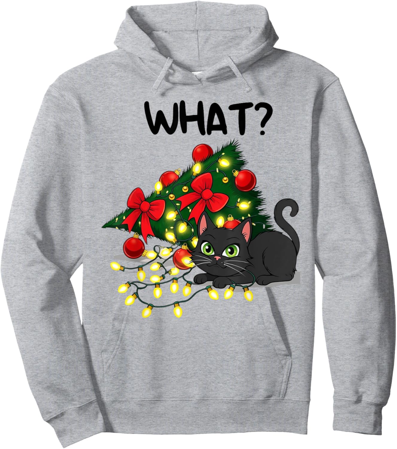 Funny Black Cat Pushing Christmas Tree Over Cat What? Xmas Hoodie - Hoodie | Ash