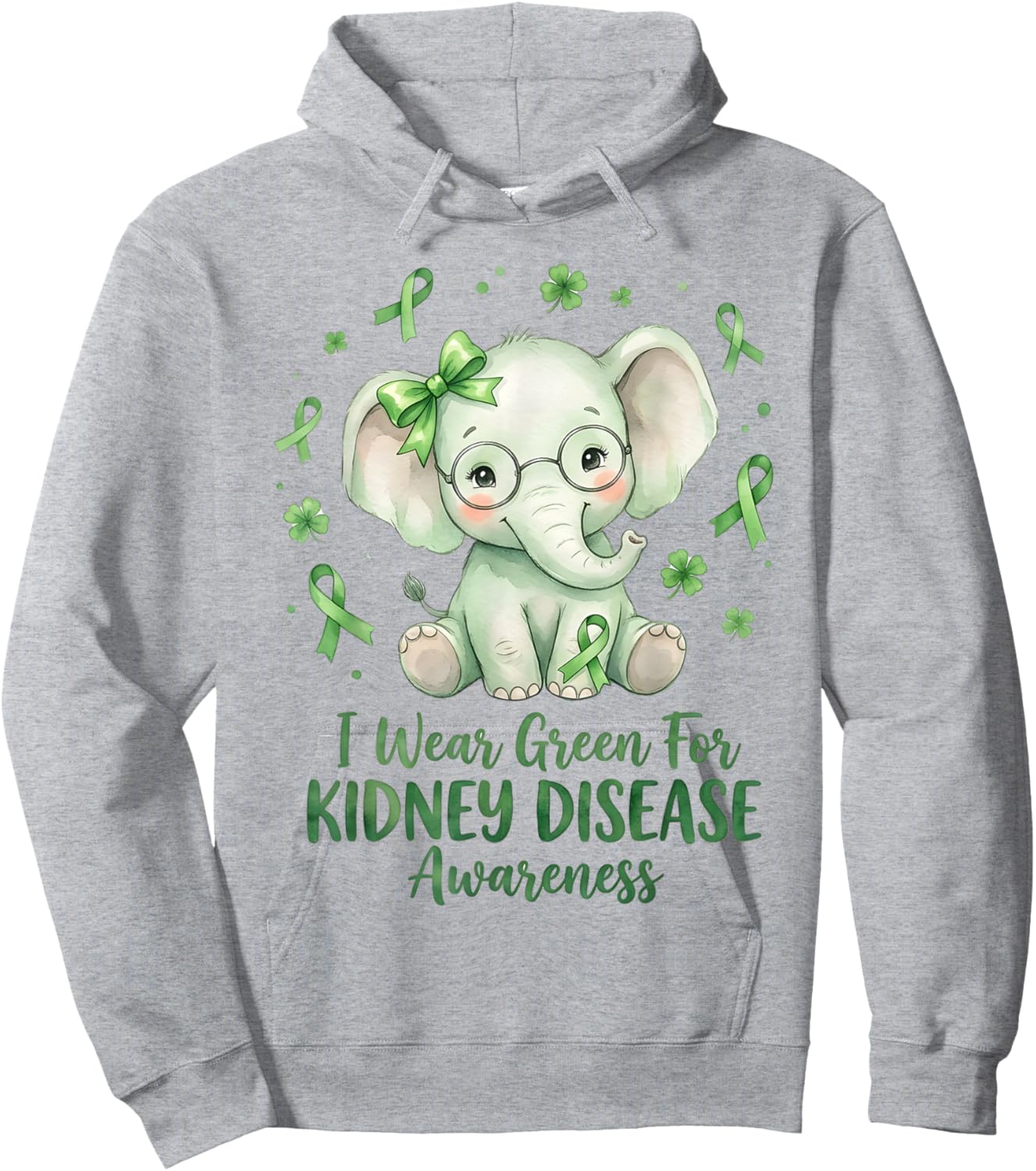 I Wear Green for Kidney Disease Awareness Cute Elephant T-Shirt - Hoodie | Ash