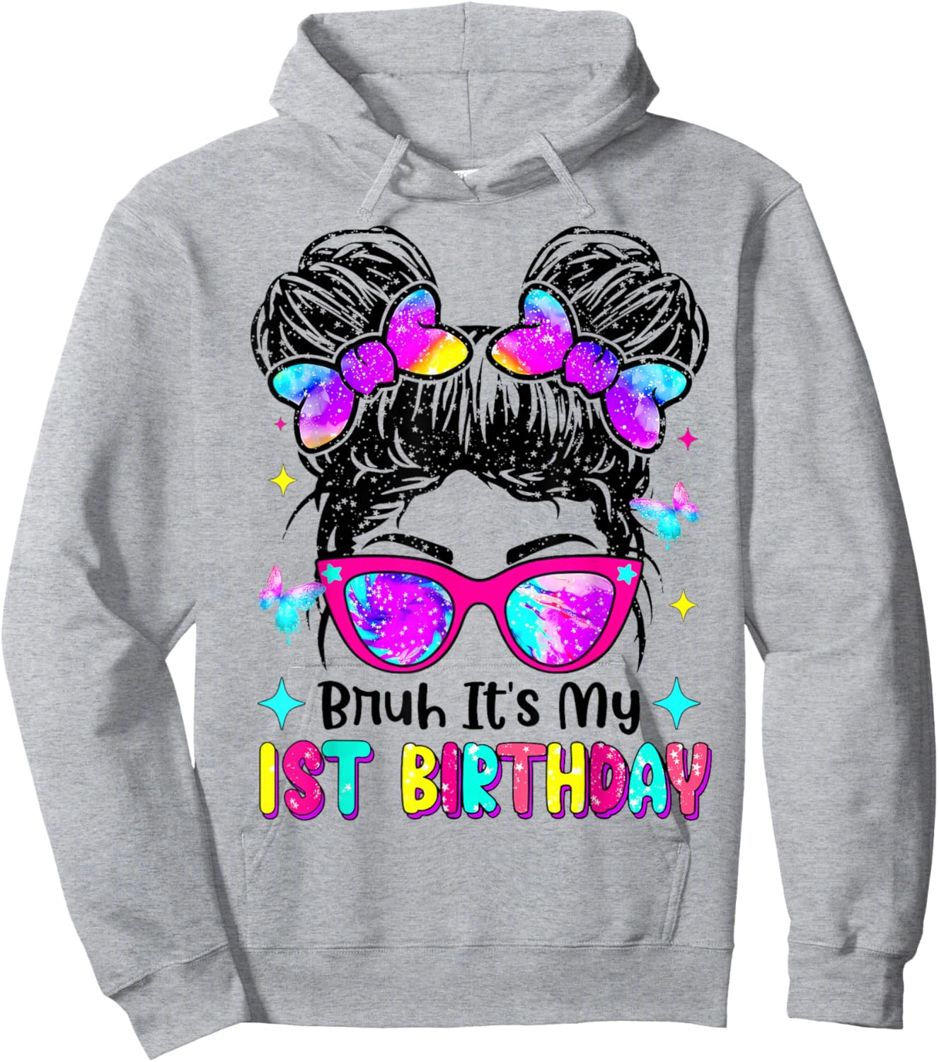 Retro Bruh It's My 1st Birthday Messy Bun Girl Hoodie - Hoodie | Ash