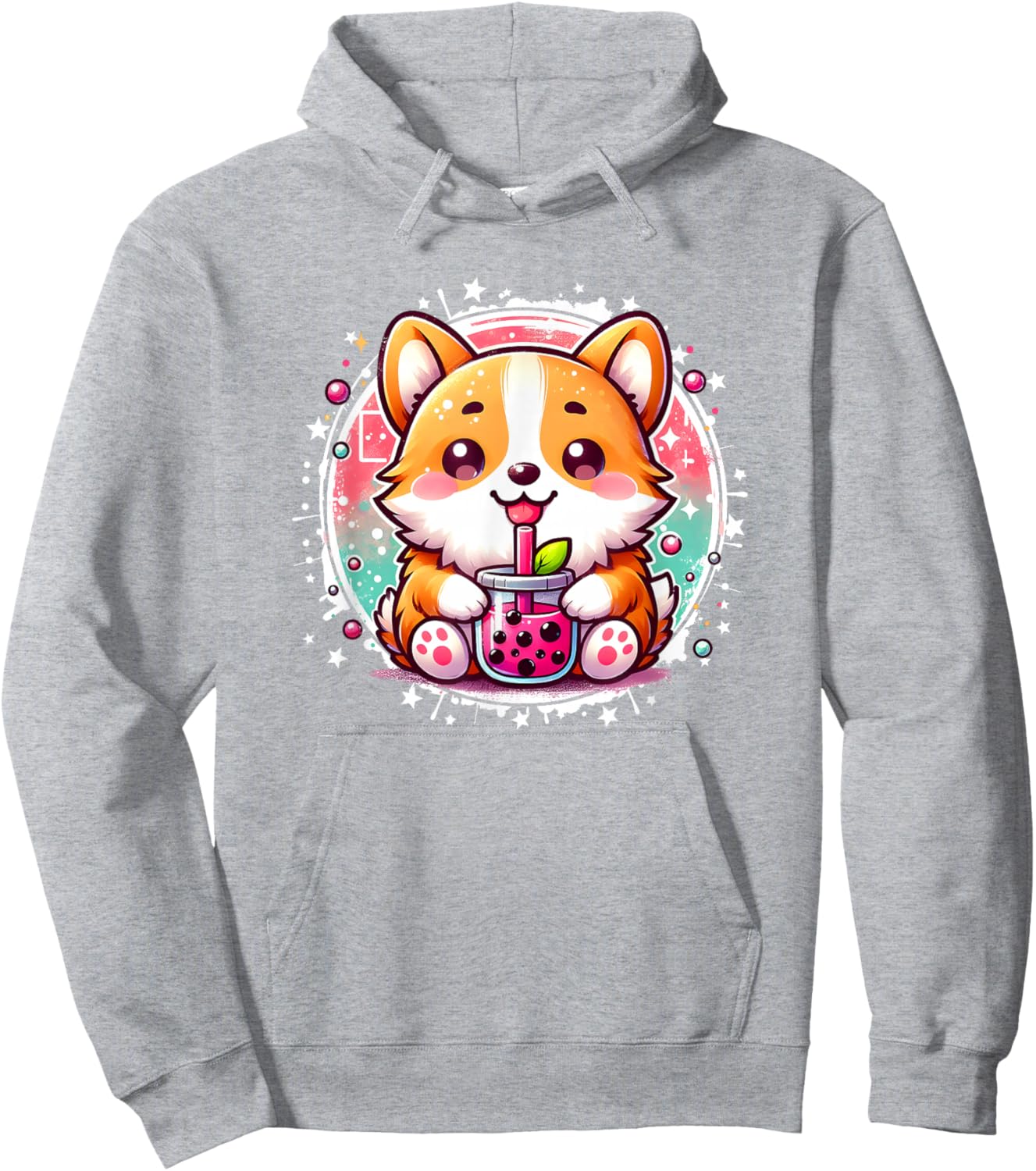 Cute Kawaii Stuff Corgi Dog Drinks Boba Bubble Tea Anime - Pink, Small, , Short Sleeve, Anime Themed Corgi Dog Hoodie - Hoodie | Ash