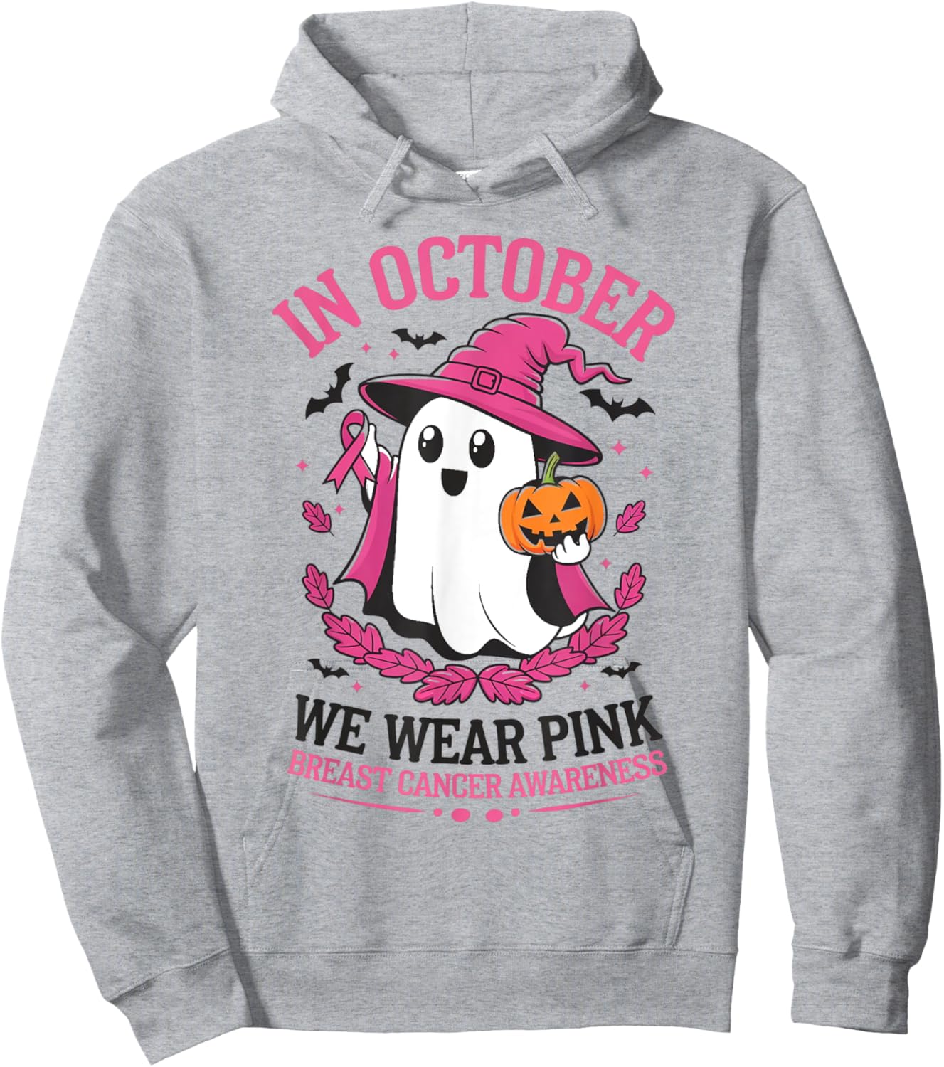 In October We Wear Pink Breast Cancer Awareness Halloween Hoodie - Hoodie | Ash