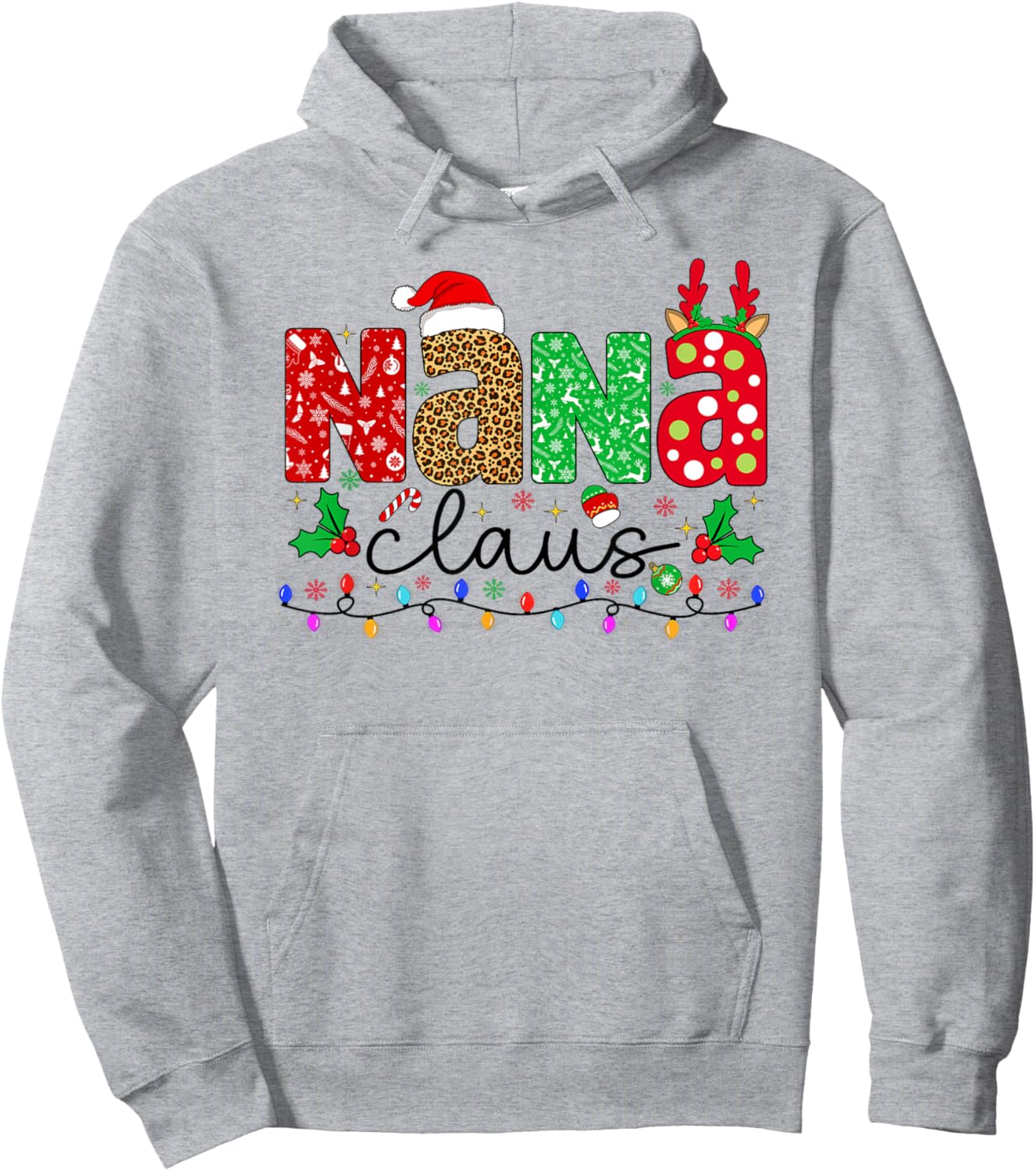 Nana Claus Christmas Lights Matching Family Xmas Pajamas Hoodie - Hoodie | Ash
