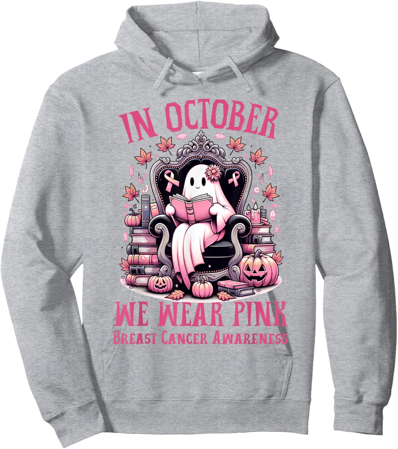 In October We Wear Pink Ghost Book Reading Breast Cancer Hoodie - Hoodie | Ash