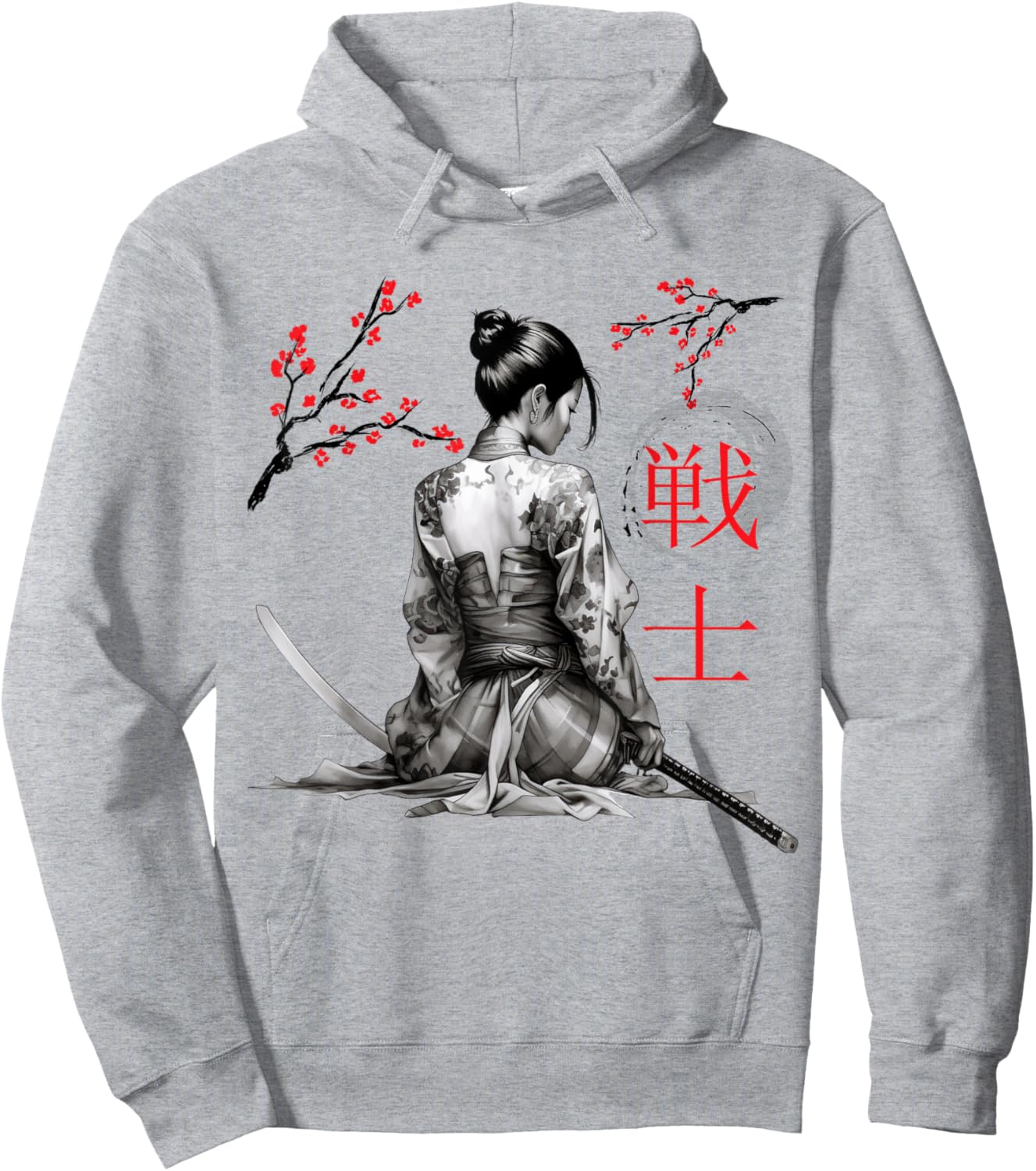 Japanese Samurai Girl Cherry Blossom Woodblock Art Style Hoodie - Hoodie | Ash