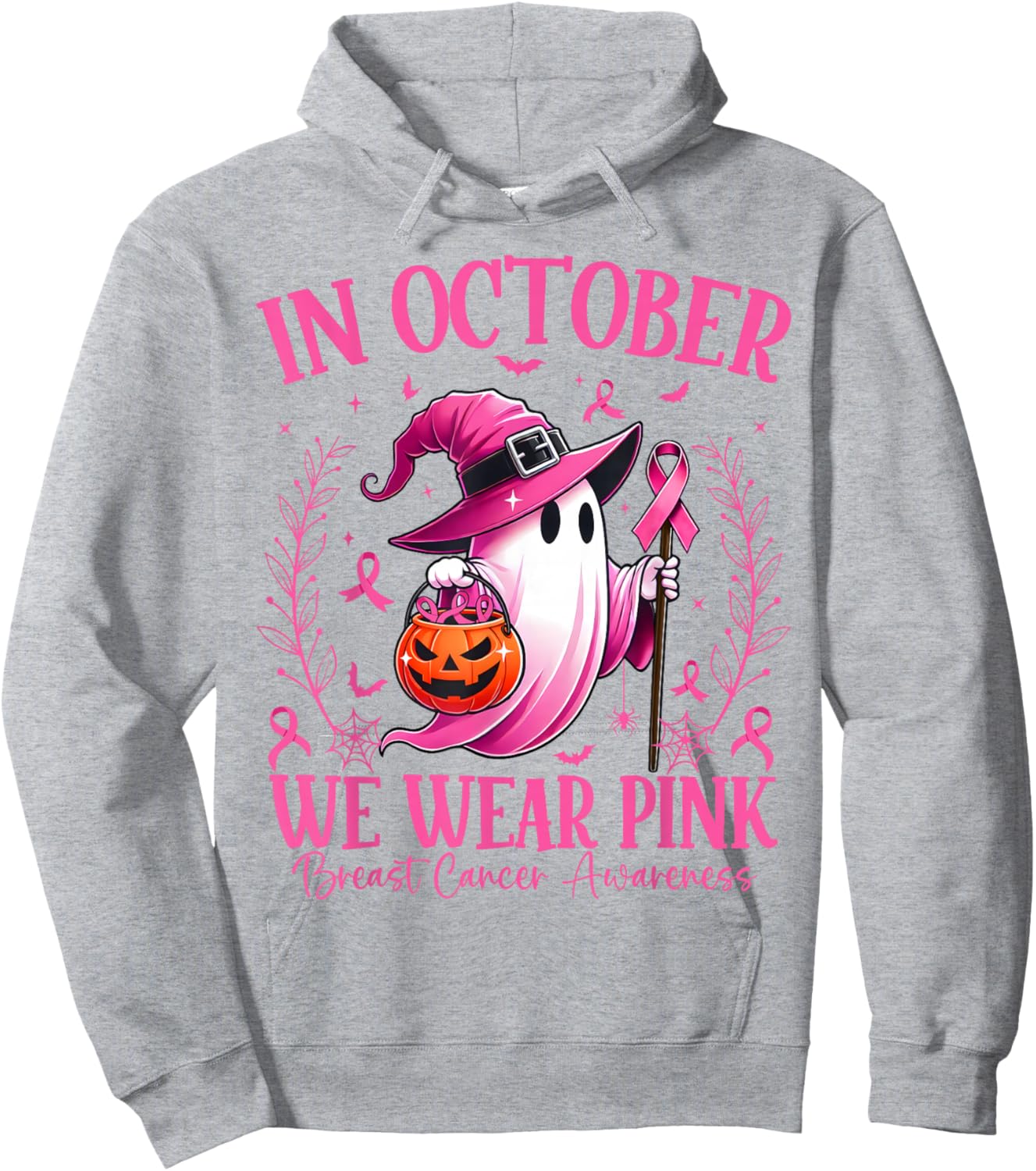 In October We Wear Pink Breast Cancer Awareness Halloween Hoodie - Hoodie | Ash