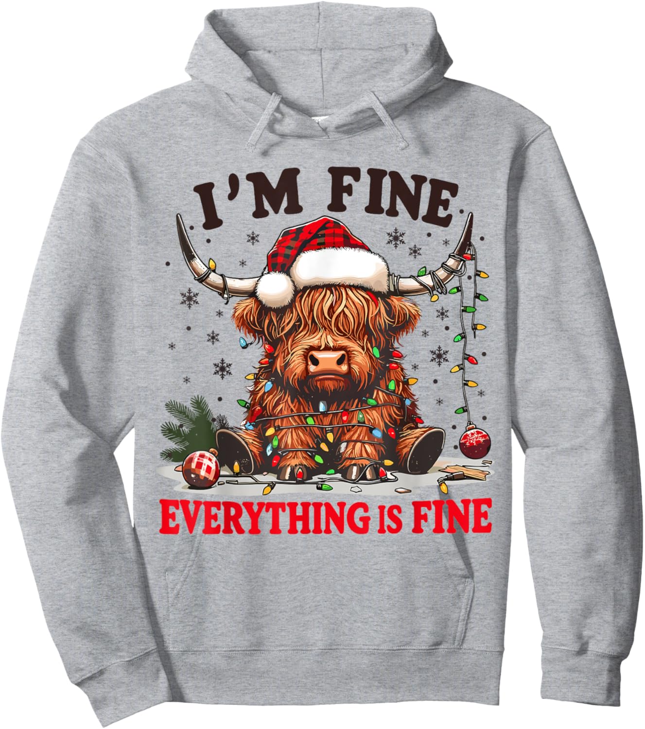 I'm Fine Everything is Fine Funny Christmas Highland Cow Hoodie - Hoodie | Ash