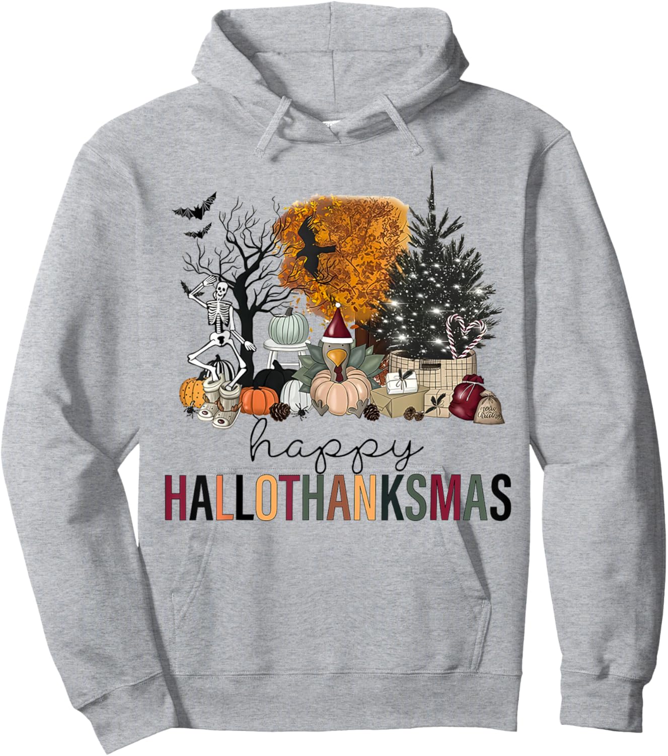 Funny Halloween Thanksgiving Christmas Happy Hallothanksmas Hoodie - Hoodie | Ash