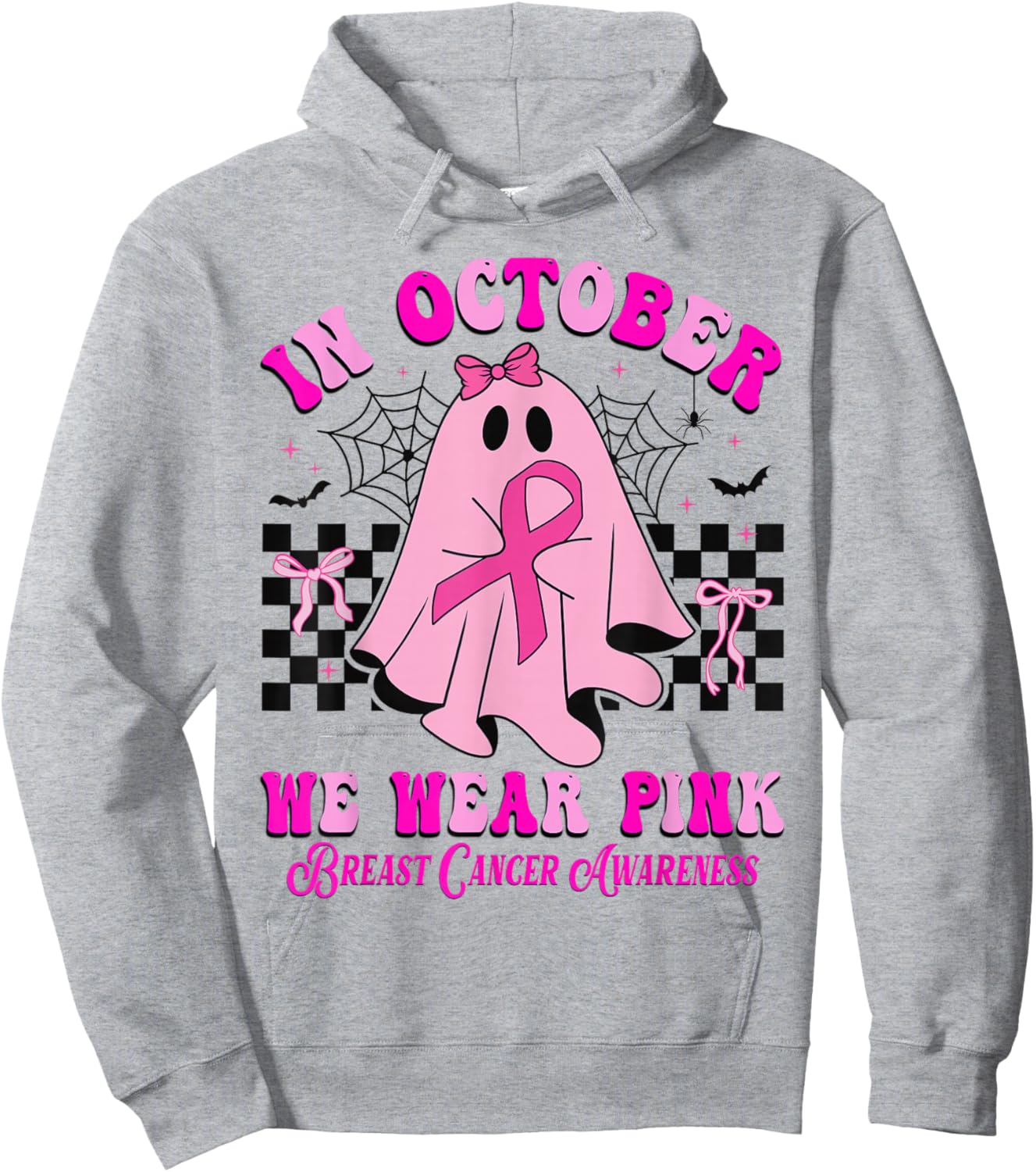 In October We Wear Pink Ghost Halloween Breast Cancer Ribbon Hoodie - Hoodie | Ash