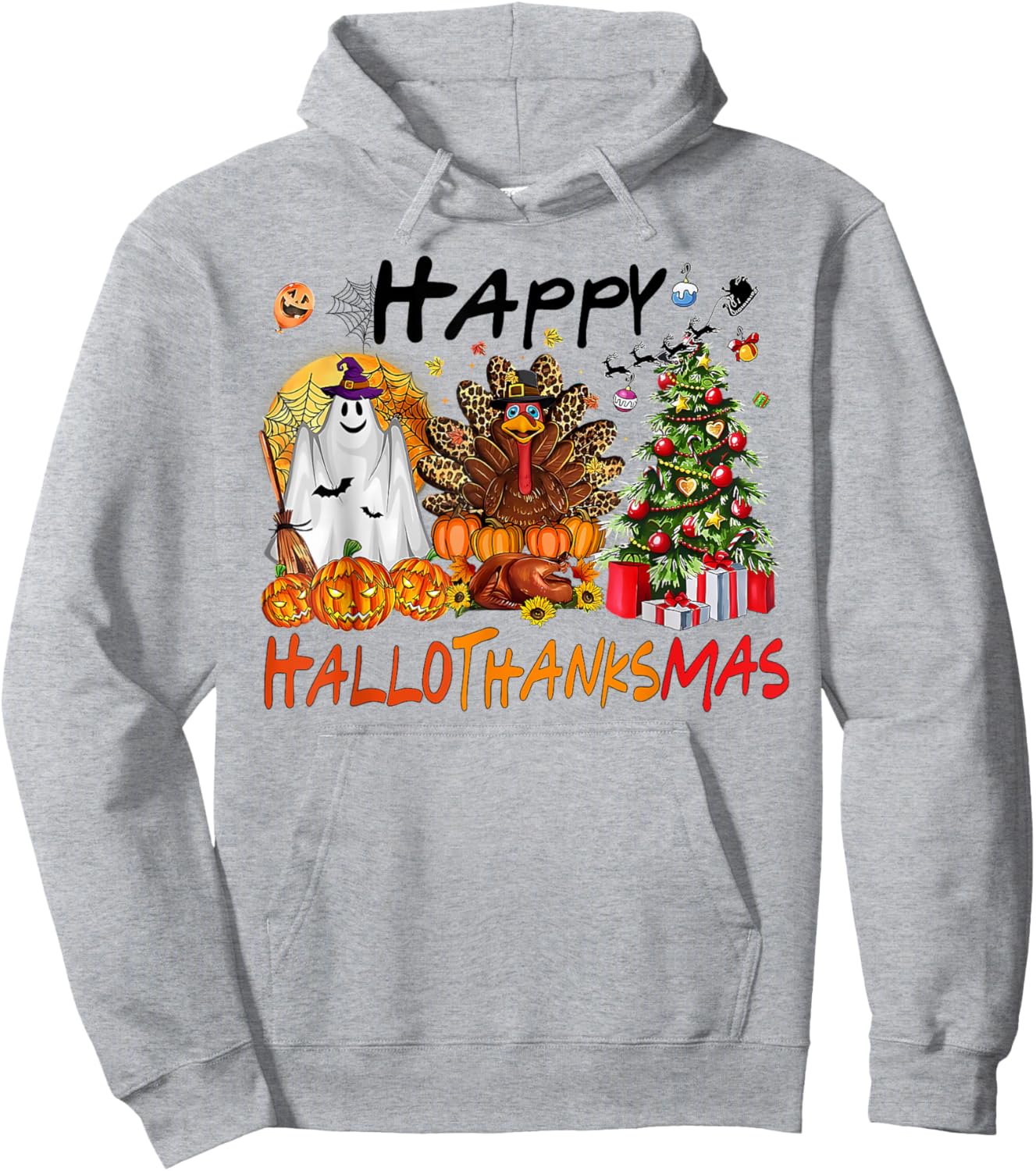 Halloween Thanksgiving Xmas Costume Happy HalloThanksMas Hoodie - Hoodie | Ash