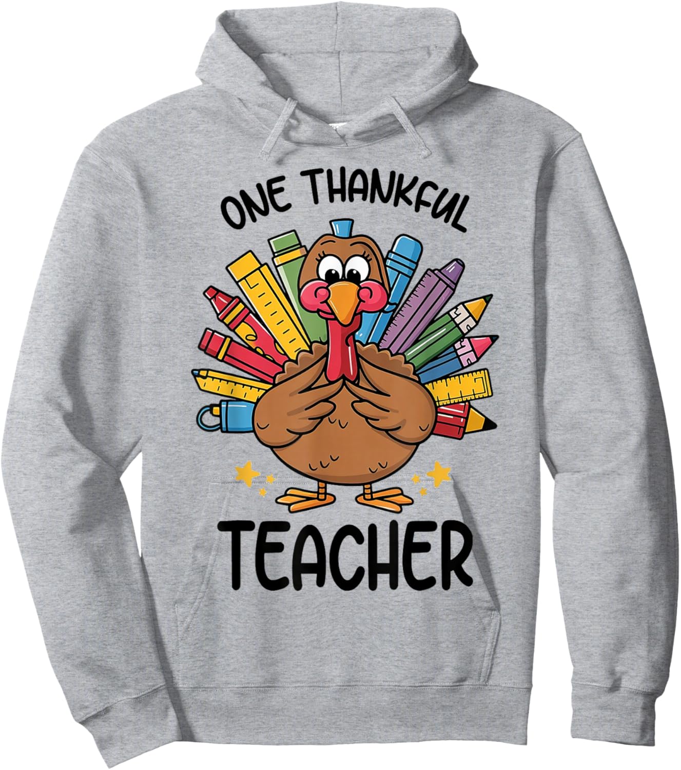 One Thankful Teacher Thanksgiving Turkey, Cute Crayon Pencil Hoodie - Hoodie | Ash