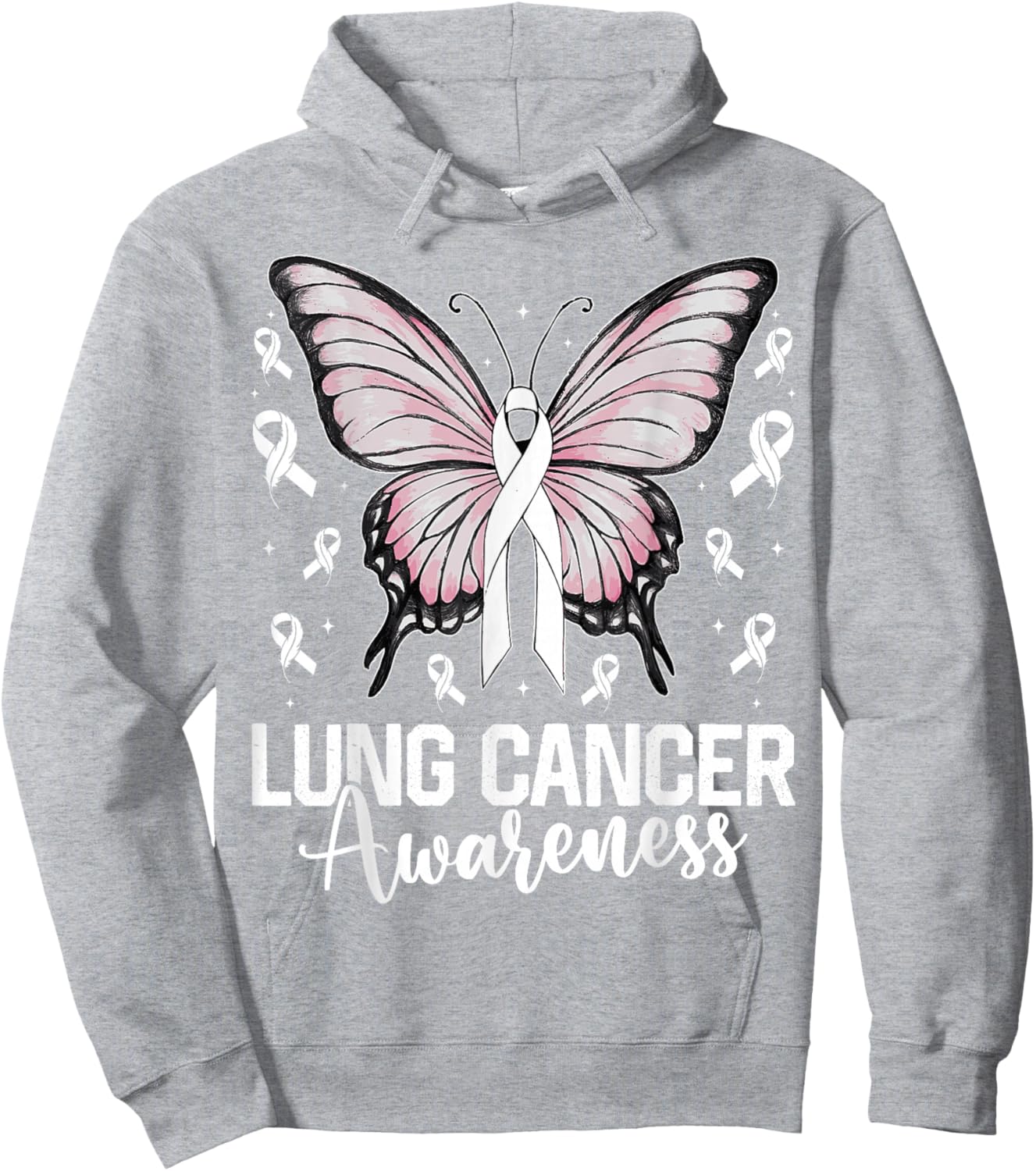 Lung Cancer Awareness Butterfly Ribbon Cancer Support Hoodie - Hoodie | Ash