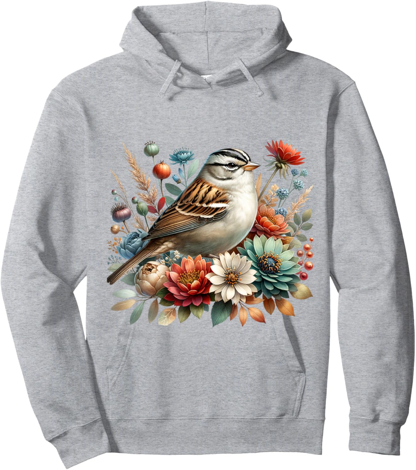 White-crowned Sparrow Vintage Floral Autumn Bird Hoodie - Hoodie | Ash