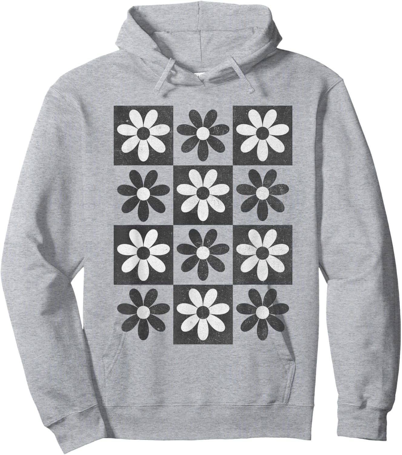 Retro Checkerboard Checkered Boho Flowers Floral Hoodie - Hoodie | Ash